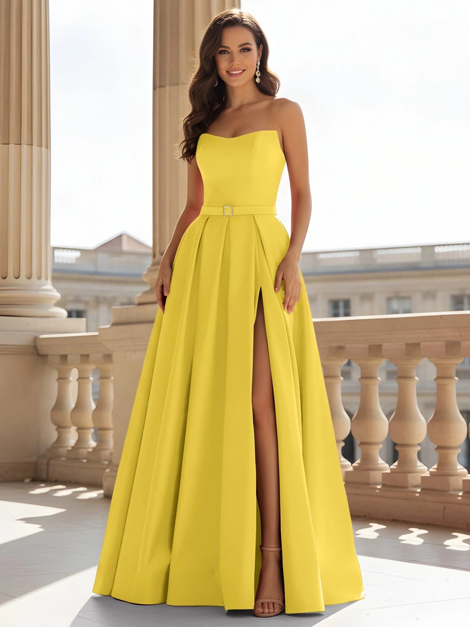 Trägerlos Strukturiert Satin Ballkleid mit Gürtel Detail Ringelblume