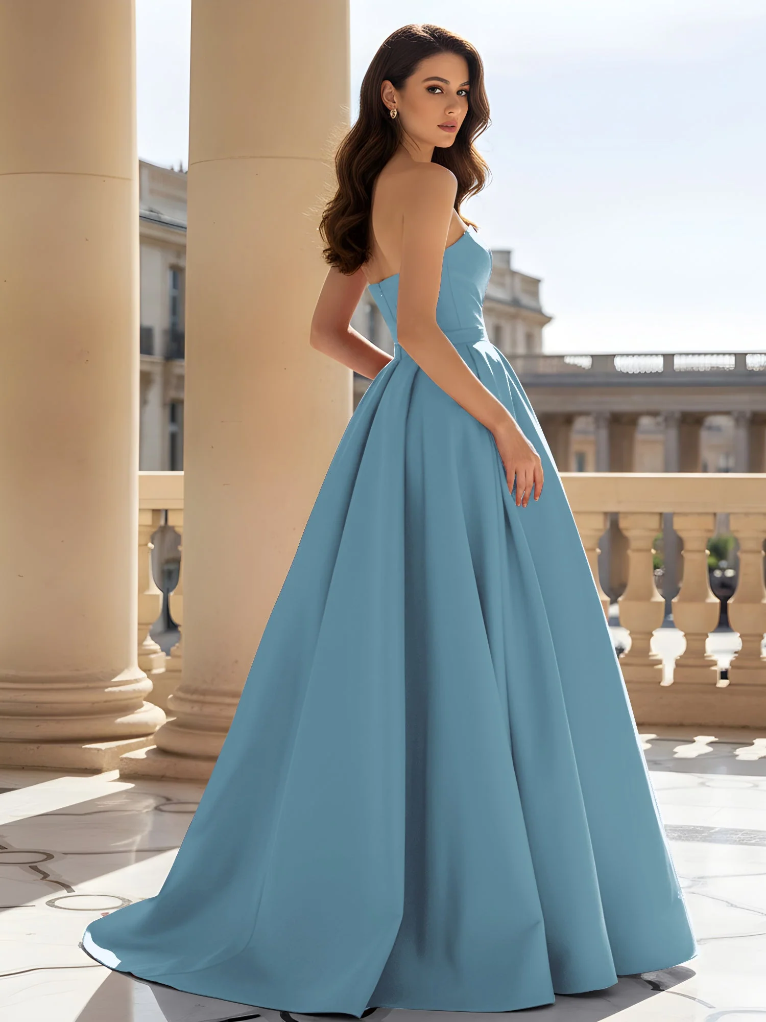Trägerlos Strukturiert Satin Ballkleid mit Gürtel Detail Schiefer Blau - Image 2