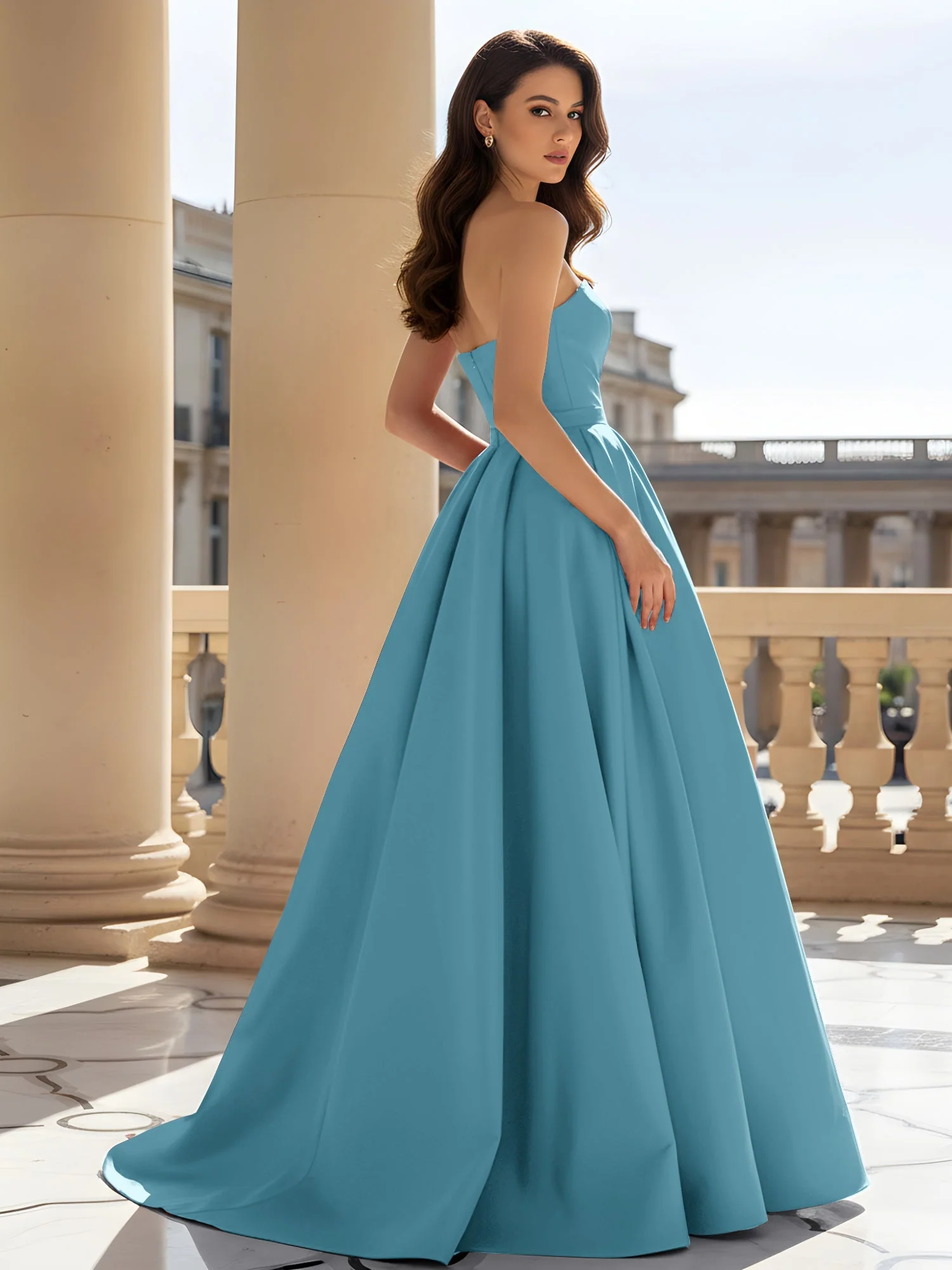 Trägerlos Strukturiert Satin Ballkleid mit Gürtel Detail Schwimmbadblau - Image 2
