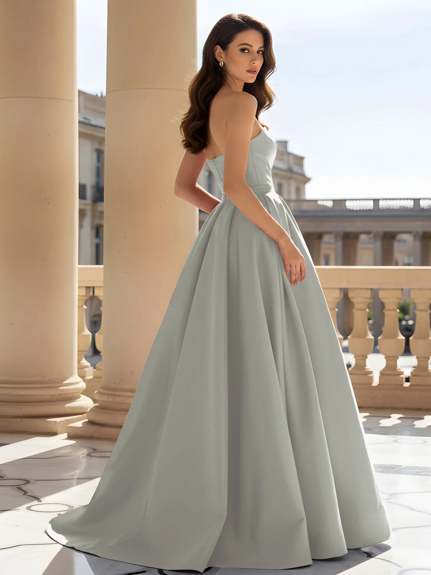Trägerlos Strukturiert Satin Ballkleid mit Gürtel Detail Silber - Image 2