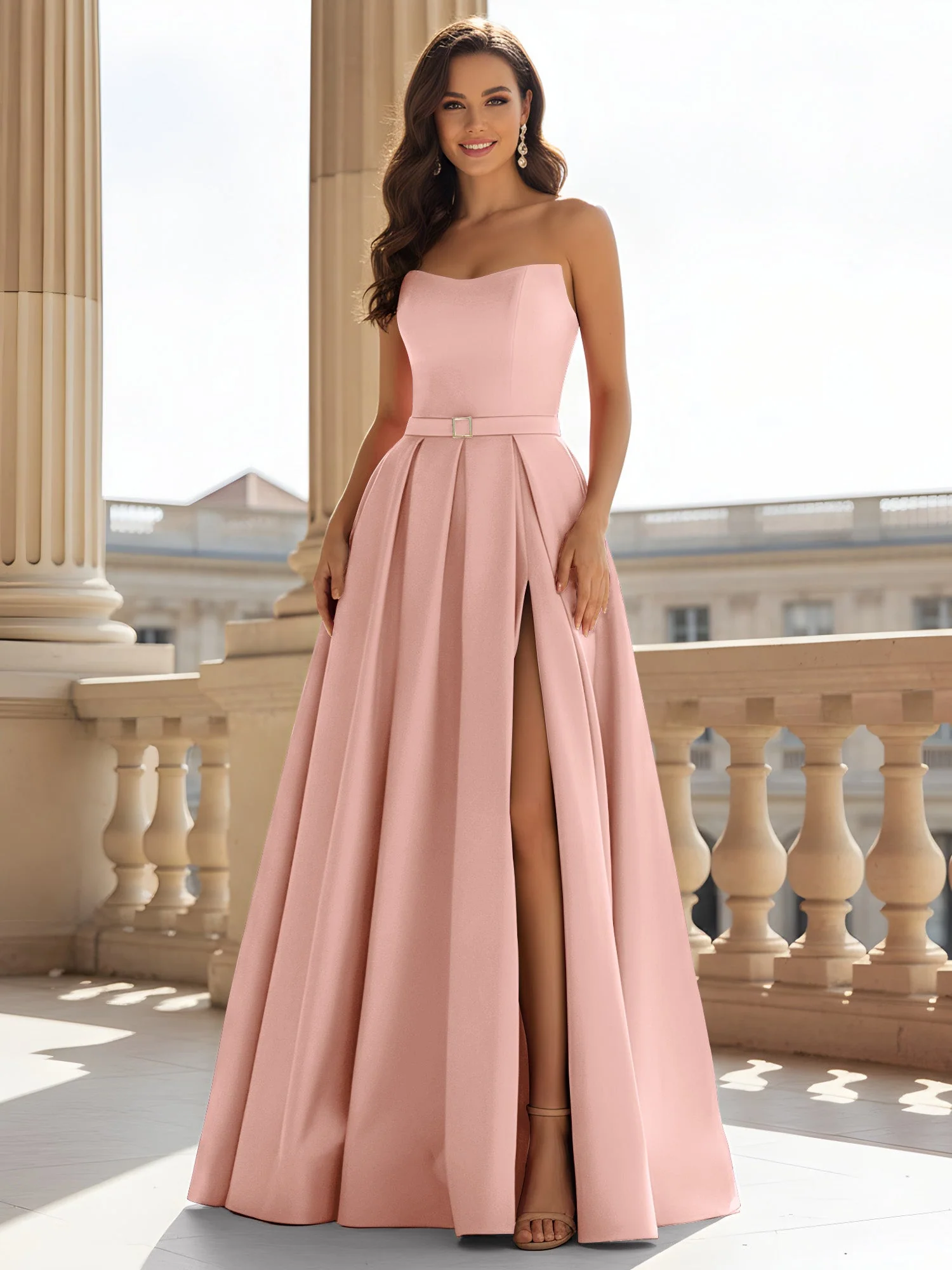 Trägerlos Strukturiert Satin Ballkleid mit Gürtel Detail Staubige Rosa