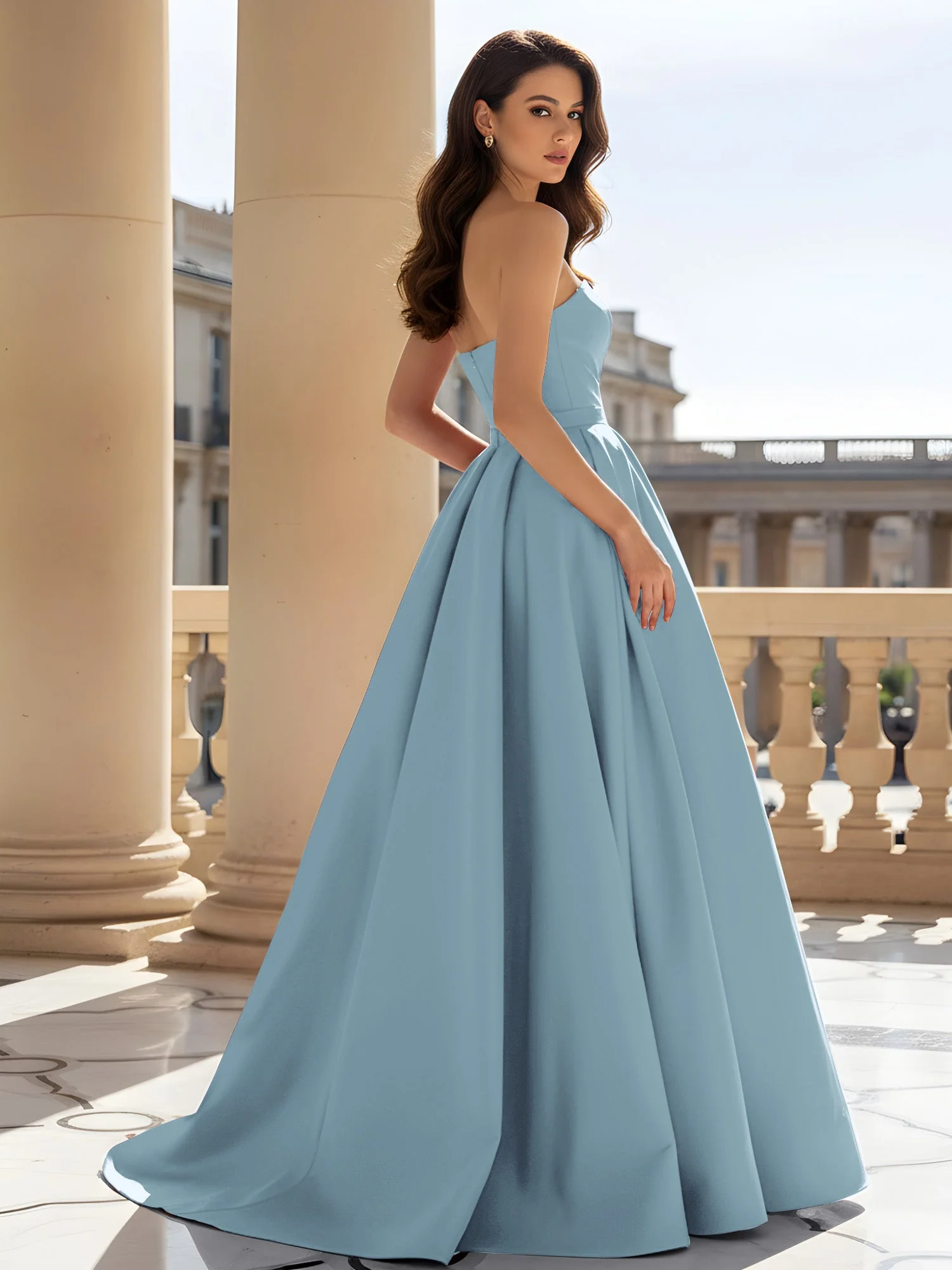 Trägerlos Strukturiert Satin Ballkleid mit Gürtel Detail Staubiges Blau - Image 2