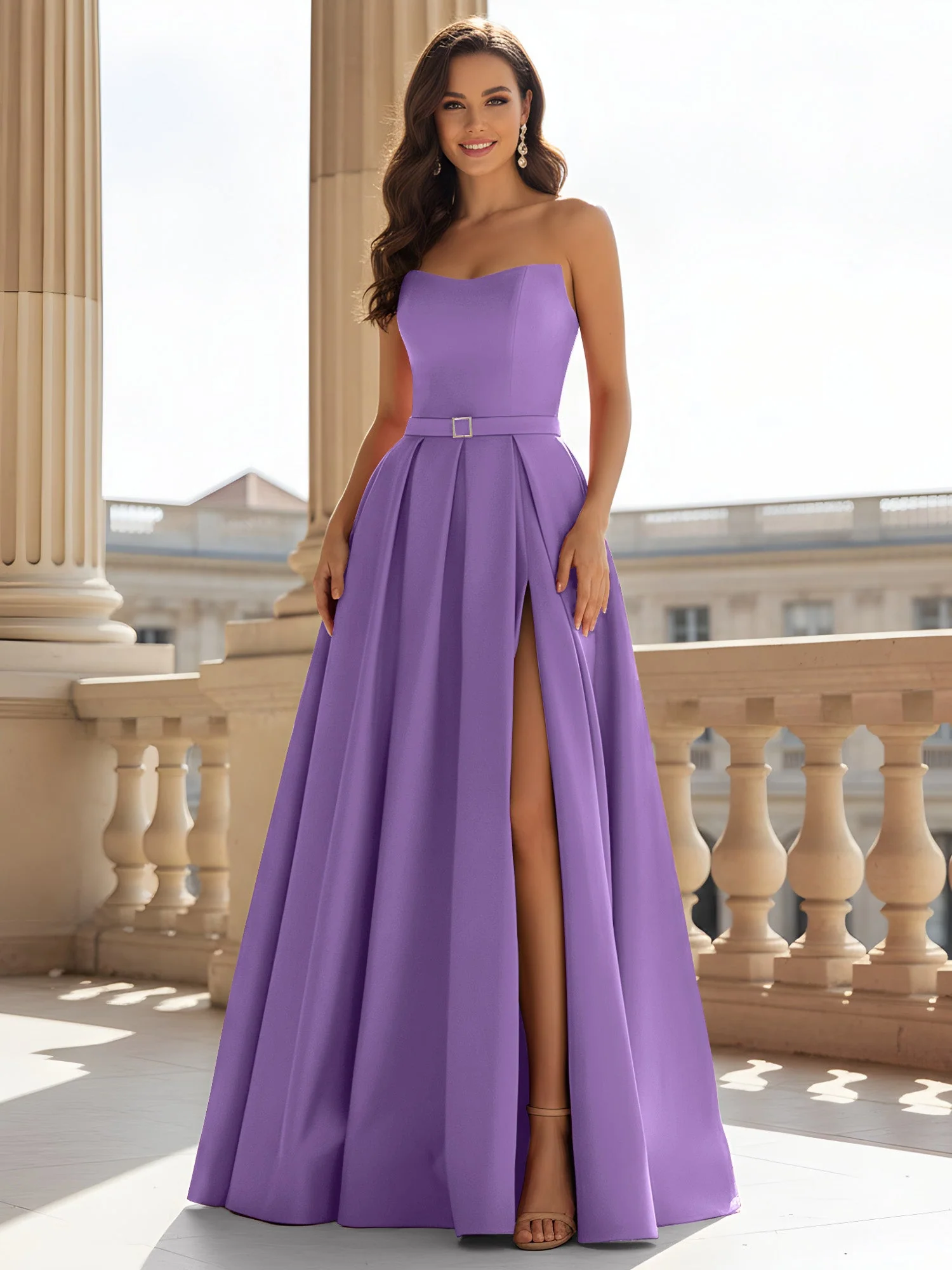 Trägerlos Strukturiert Satin Ballkleid mit Gürtel Detail Tahiti