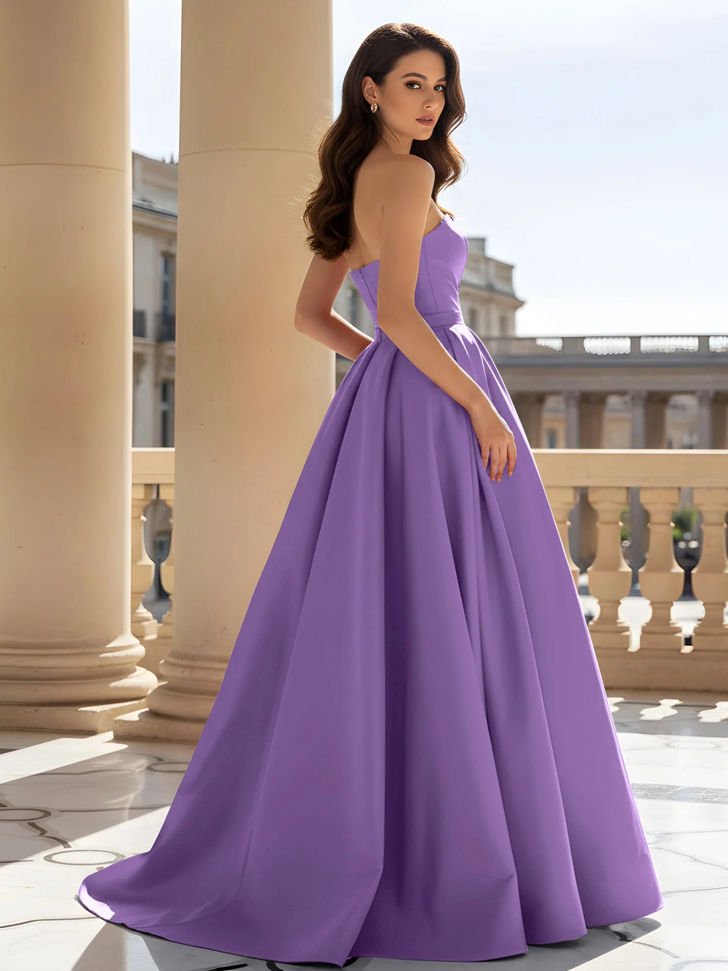 Trägerlos Strukturiert Satin Ballkleid mit Gürtel Detail Tahiti - Image 2