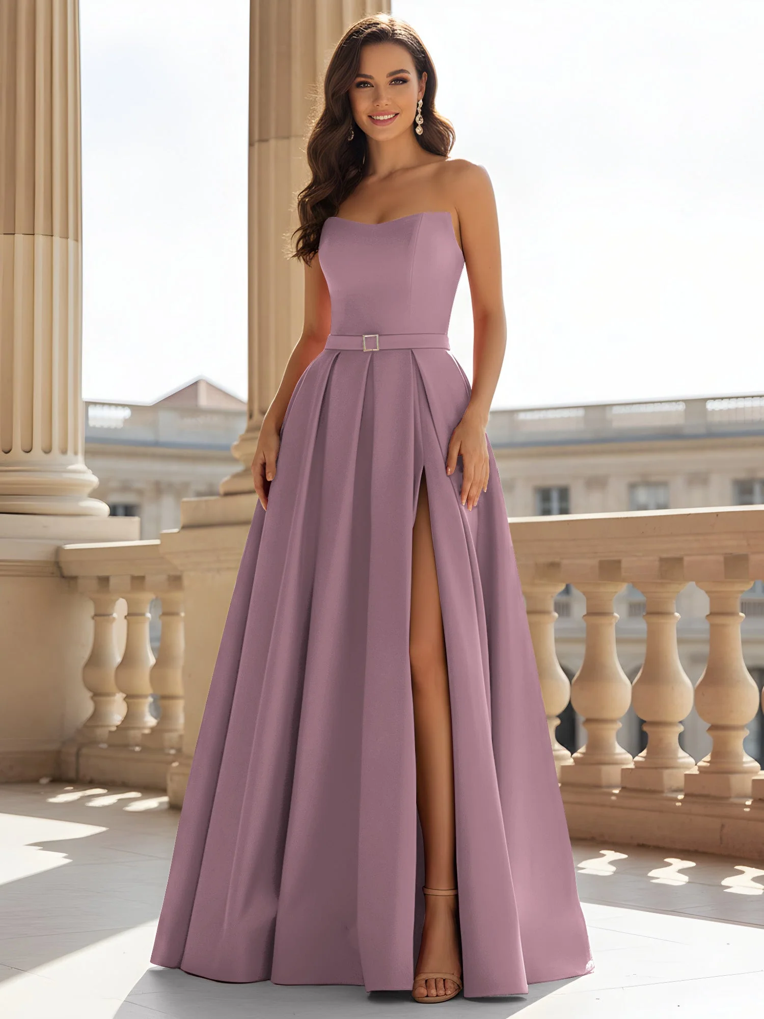Trägerlos Strukturiert Satin Ballkleid mit Gürtel Detail Vintage Mauve