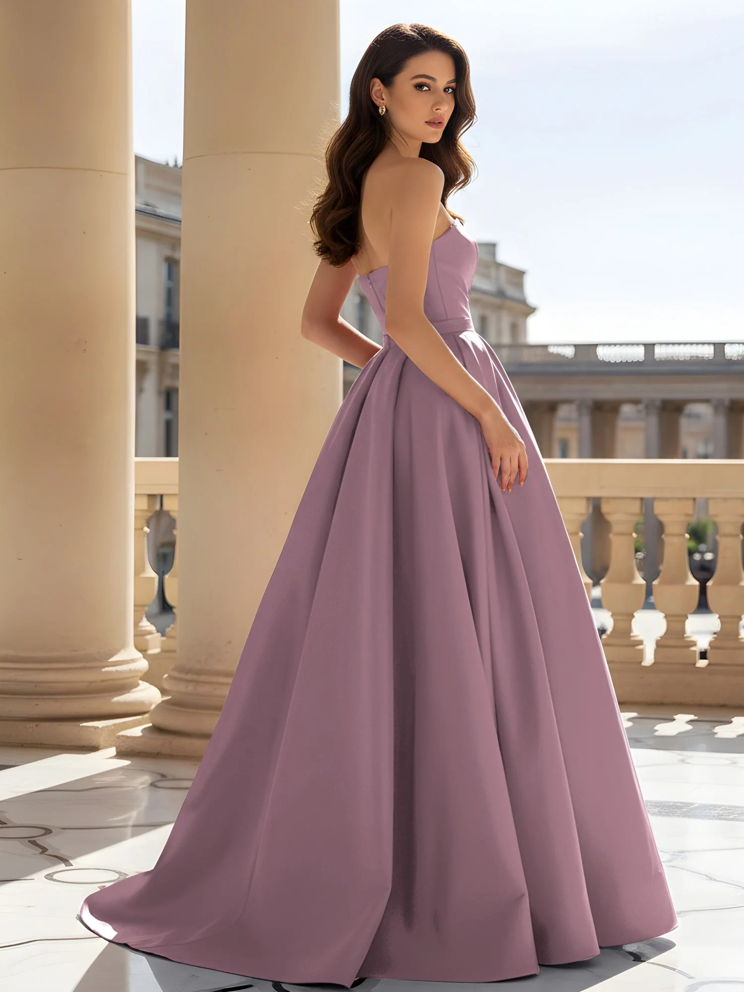Trägerlos Strukturiert Satin Ballkleid mit Gürtel Detail Vintage Mauve - Image 2