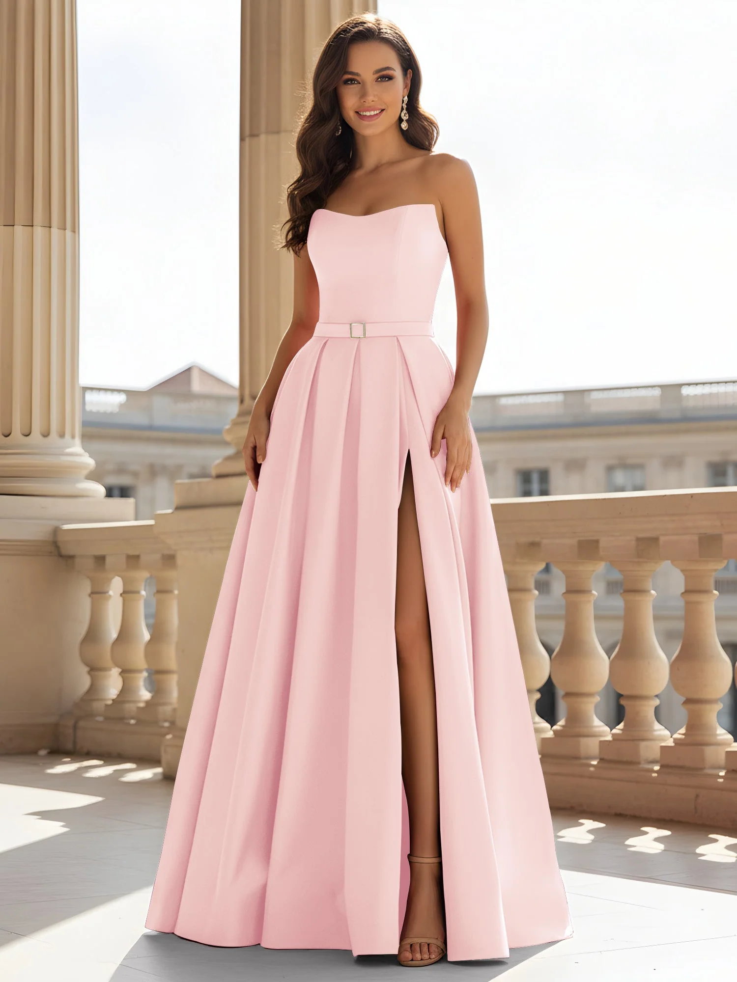 Trägerlos Strukturiert Satin Ballkleid mit Gürtel Detail Zartrosa