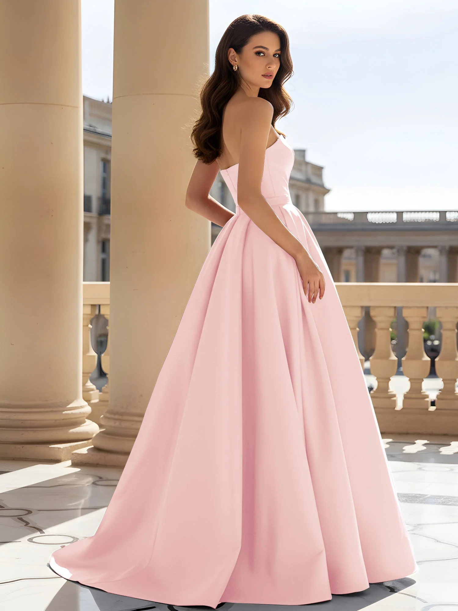 Trägerlos Strukturiert Satin Ballkleid mit Gürtel Detail Zartrosa - Image 2