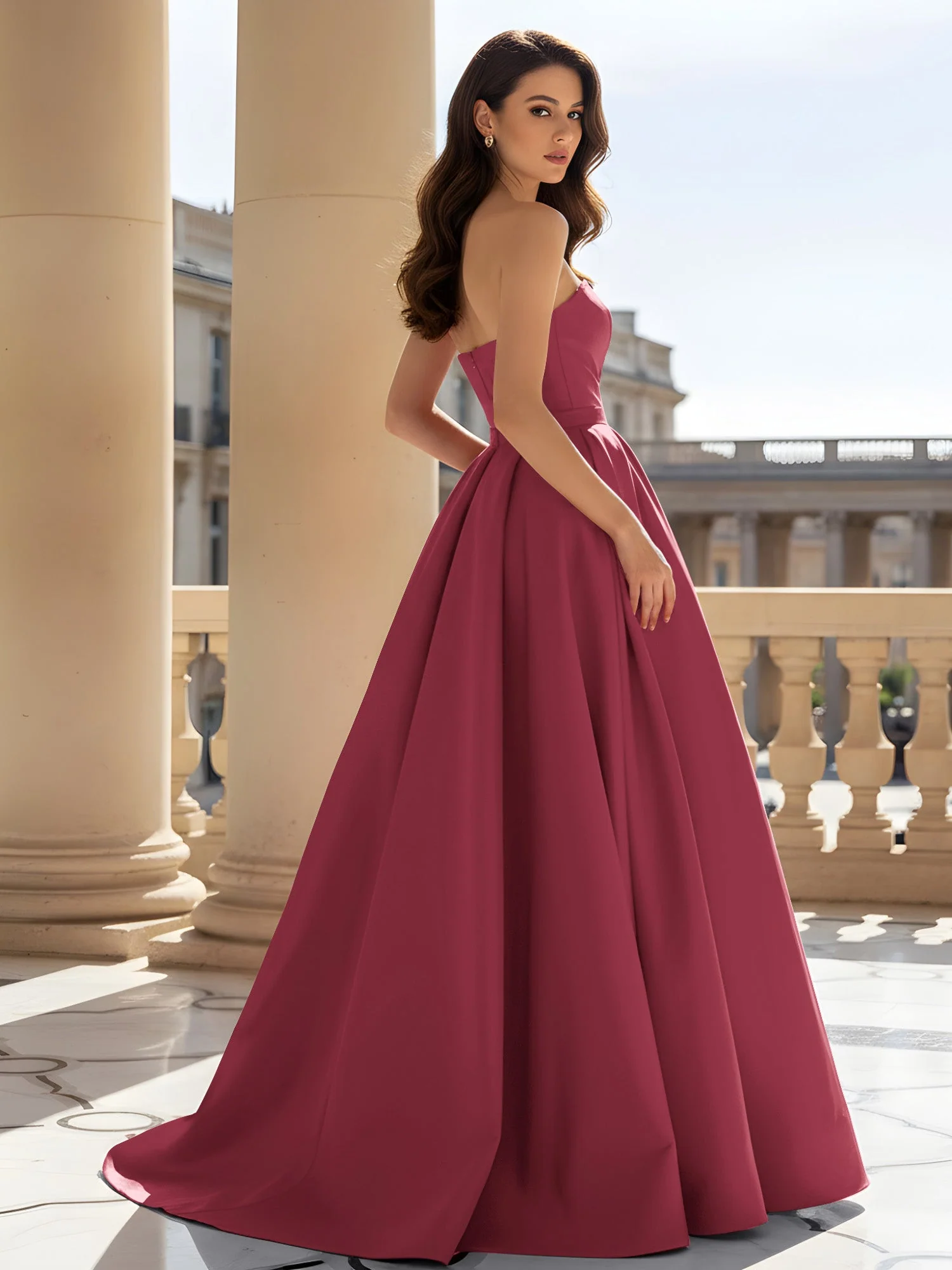 Trägerlos Strukturiert Satin Ballkleid mit Gürtel Detail Zimtrose - Image 2
