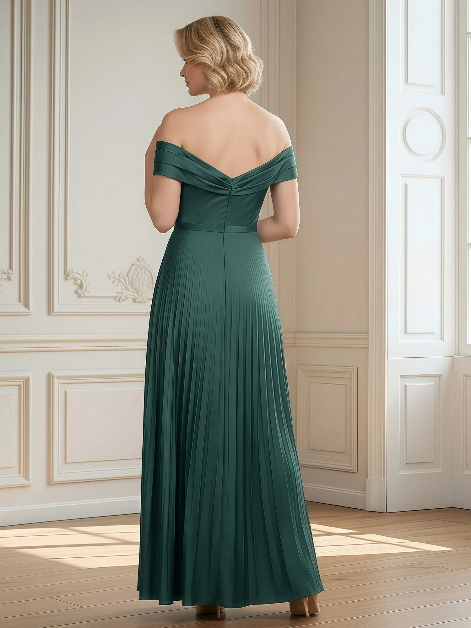 A Linie Abendkleid mit Off Shoulder und plissiertem Rock Perlrosa - Image 2