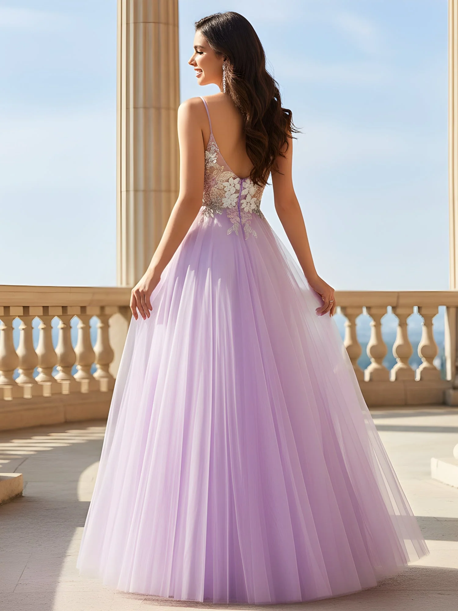 Delikate Spaghettiträger A-Linie Kleid mit V-Ausschnitt Lila - Image 2