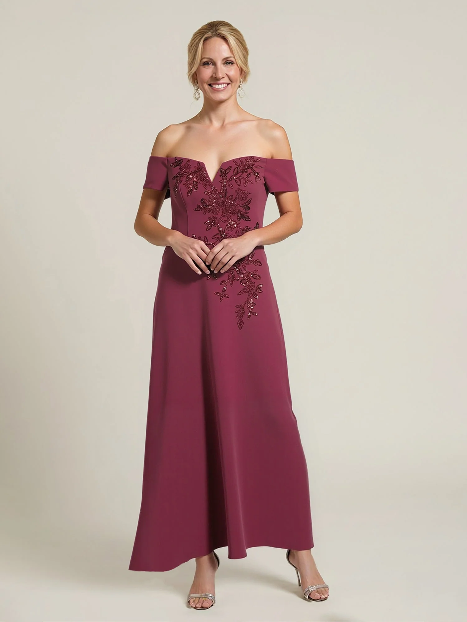 Schulterfrei Perlen Stickerei A-Linie Kleid Königsblau