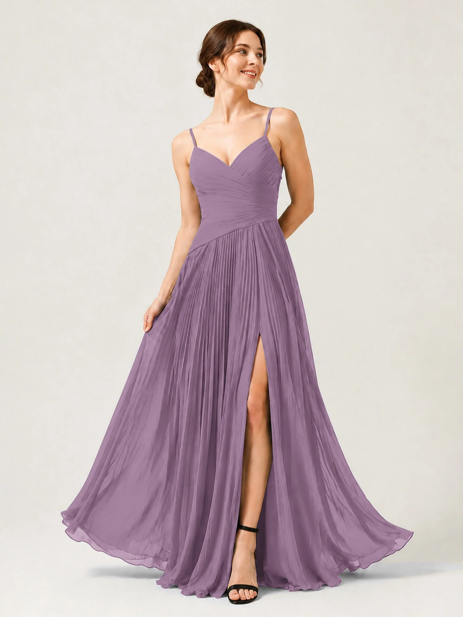 Plissiertes Chiffon Trägerkleid mit Gerafftem Wickeloberteil Blauregen
