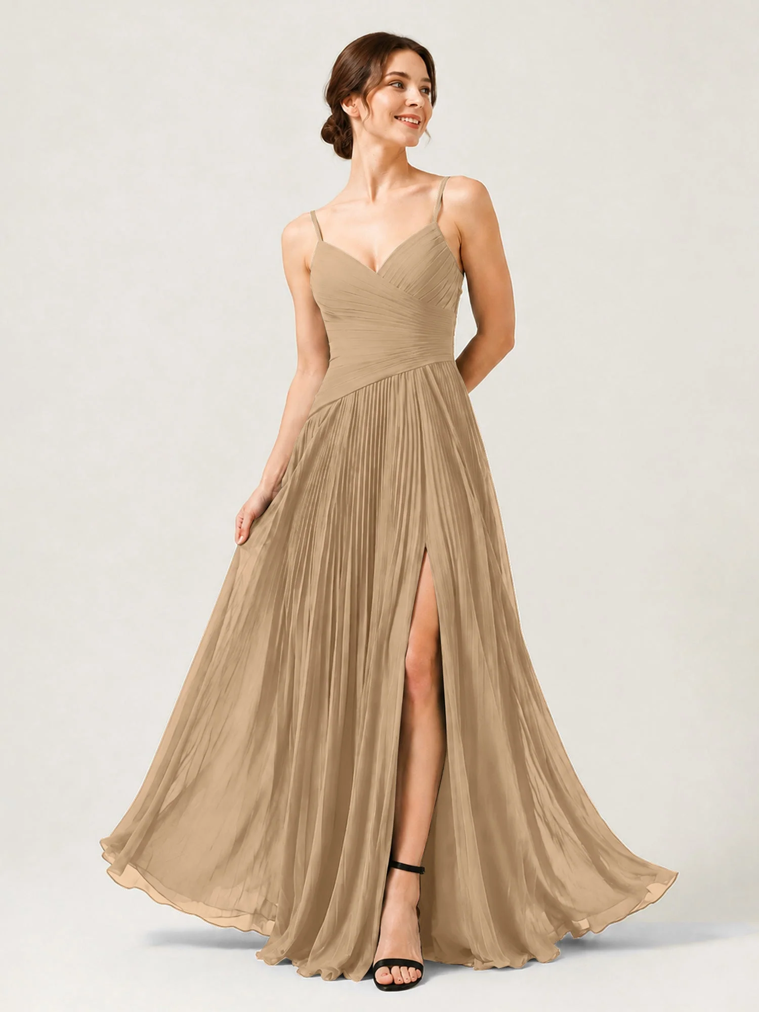 Plissiertes Chiffon Trägerkleid mit Gerafftem Wickeloberteil Champagner