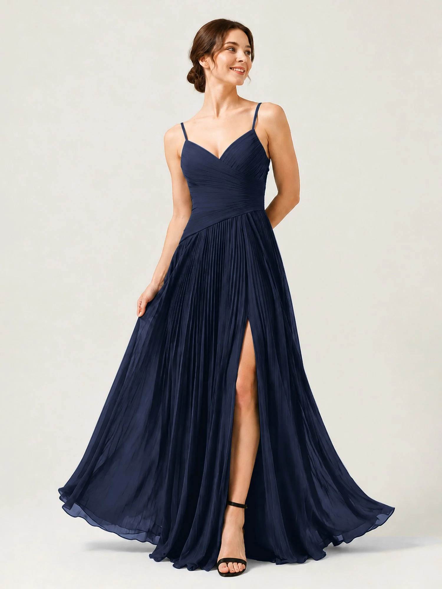 Plissiertes Chiffon Trägerkleid mit Gerafftem Wickeloberteil Dunkelmarine
