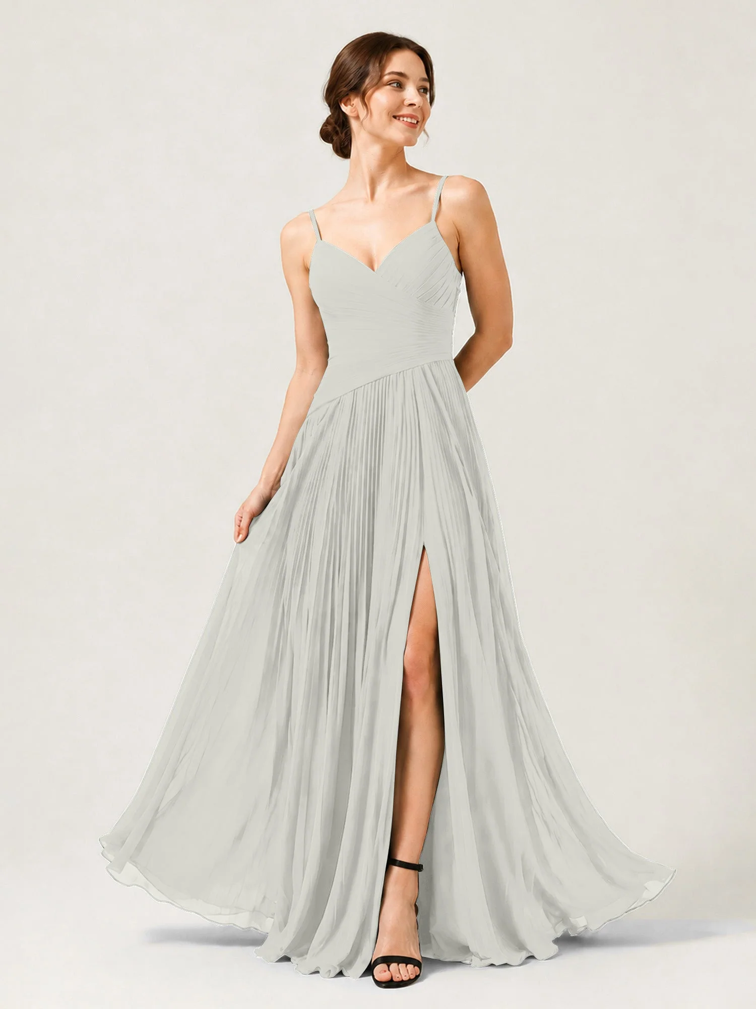 Plissiertes Chiffon Trägerkleid mit Gerafftem Wickeloberteil Elfenbein