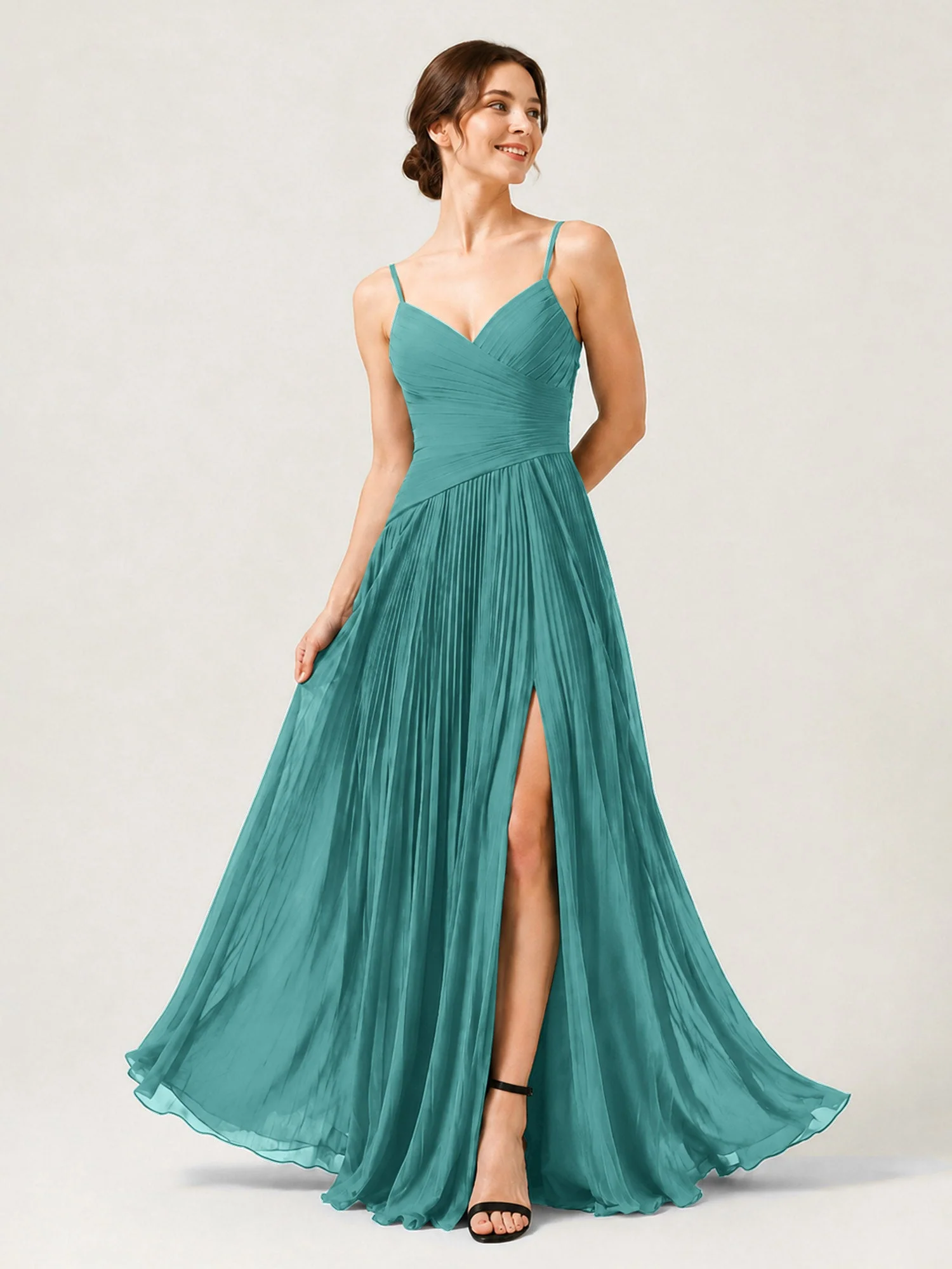 Plissiertes Chiffon Trägerkleid mit Gerafftem Wickeloberteil Jade