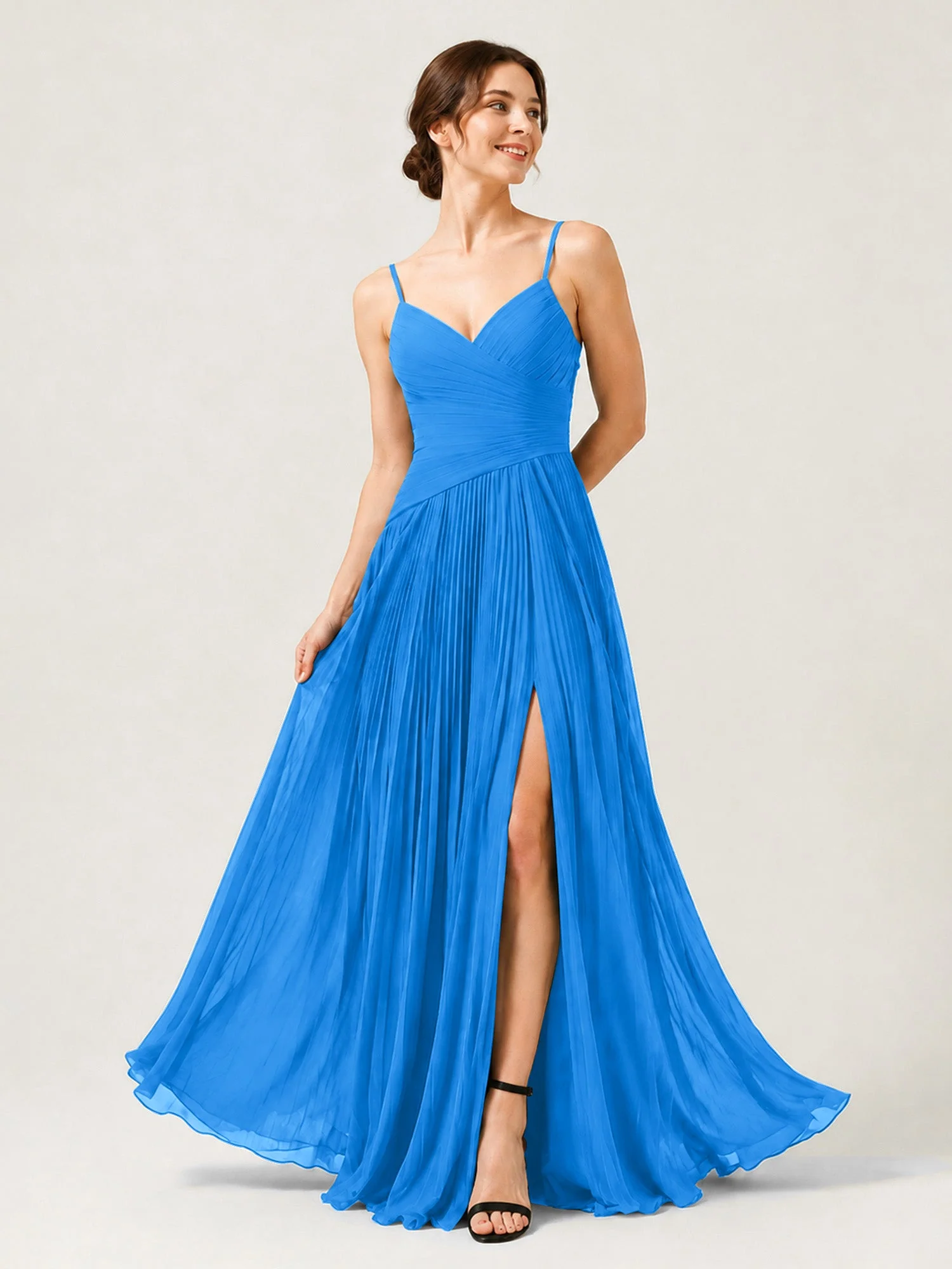 Plissiertes Chiffon Trägerkleid mit Gerafftem Wickeloberteil Meerblau