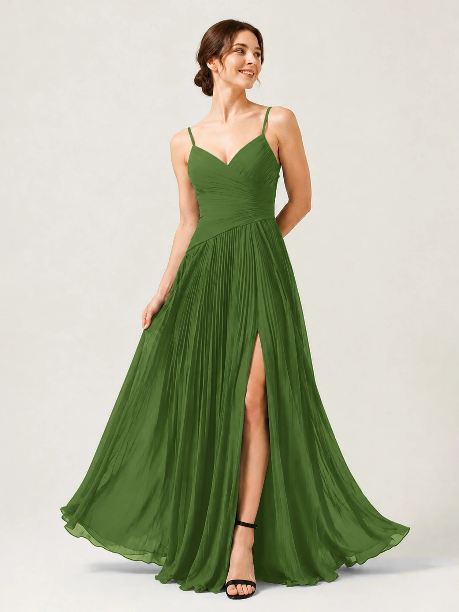 Plissiertes Chiffon Trägerkleid mit Gerafftem Wickeloberteil Moos
