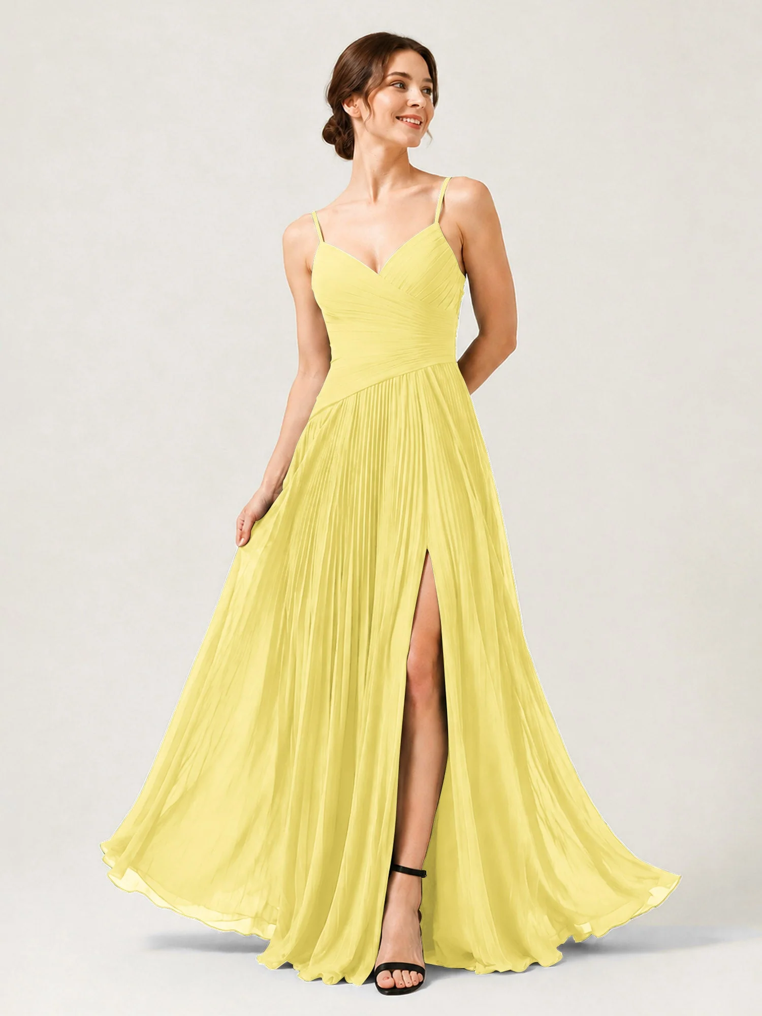 Plissiertes Chiffon Trägerkleid mit Gerafftem Wickeloberteil Narzisse
