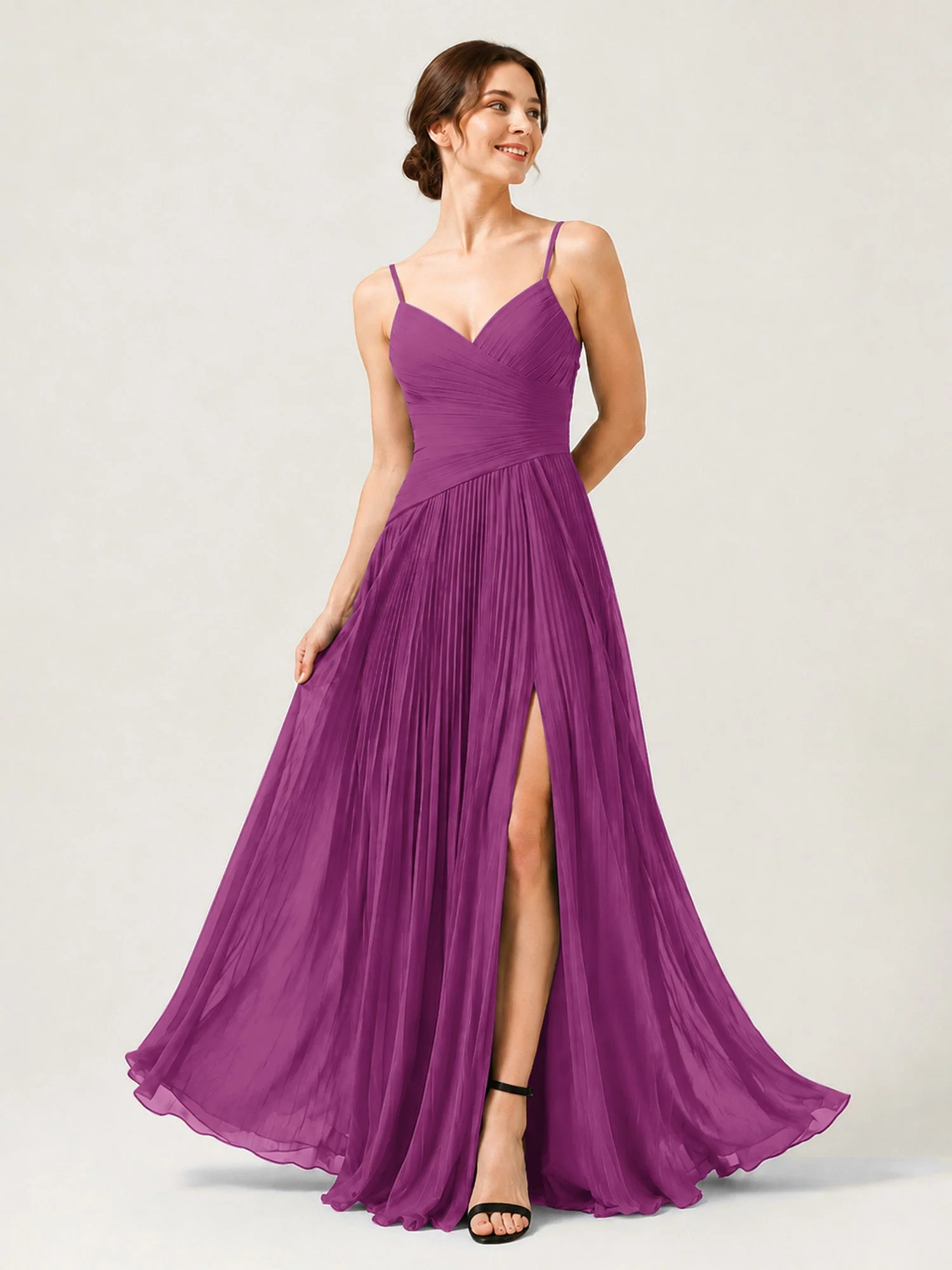 Plissiertes Chiffon Trägerkleid mit Gerafftem Wickeloberteil Orchidee