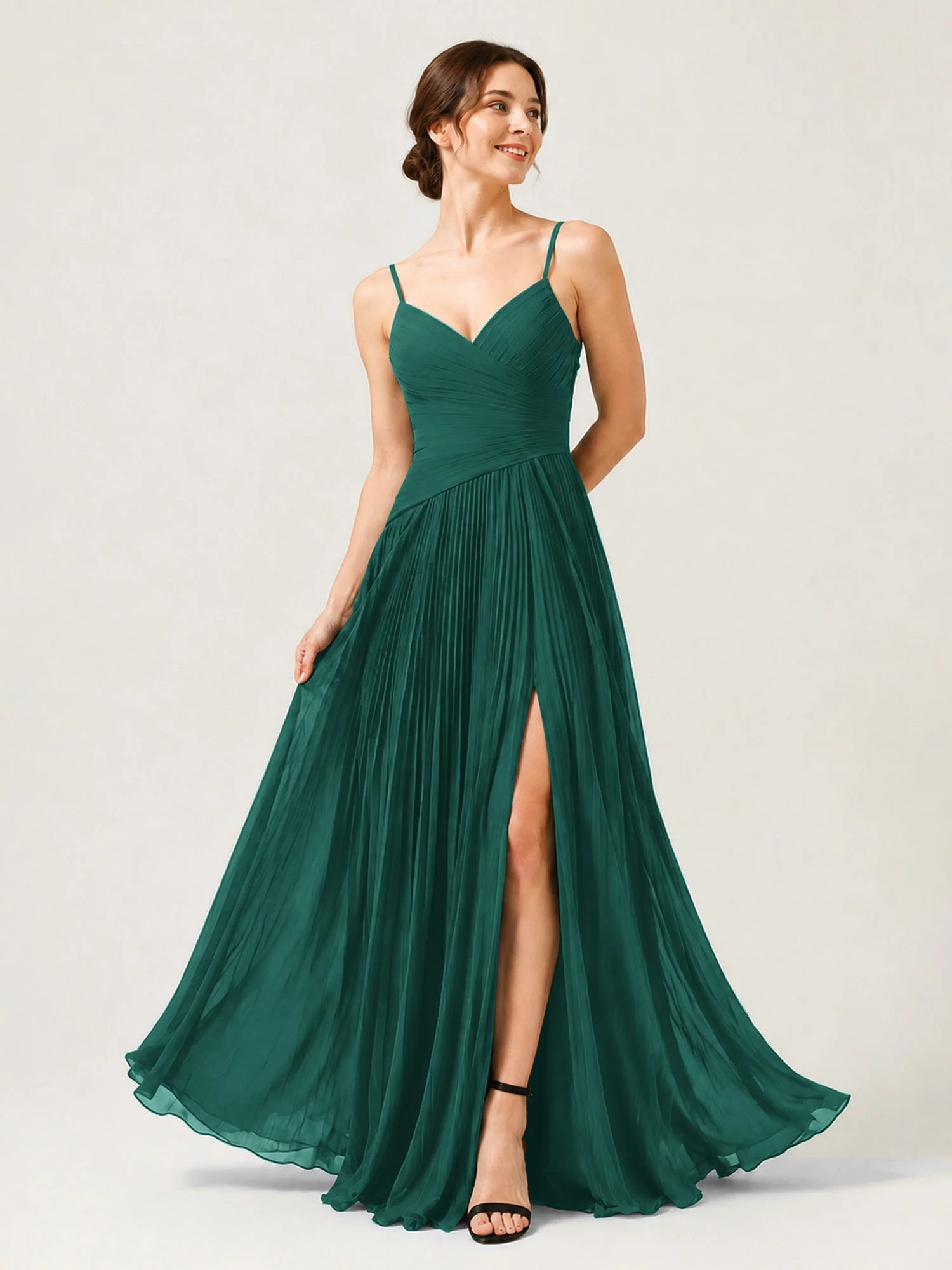 Plissiertes Chiffon Trägerkleid mit Gerafftem Wickeloberteil Pfau