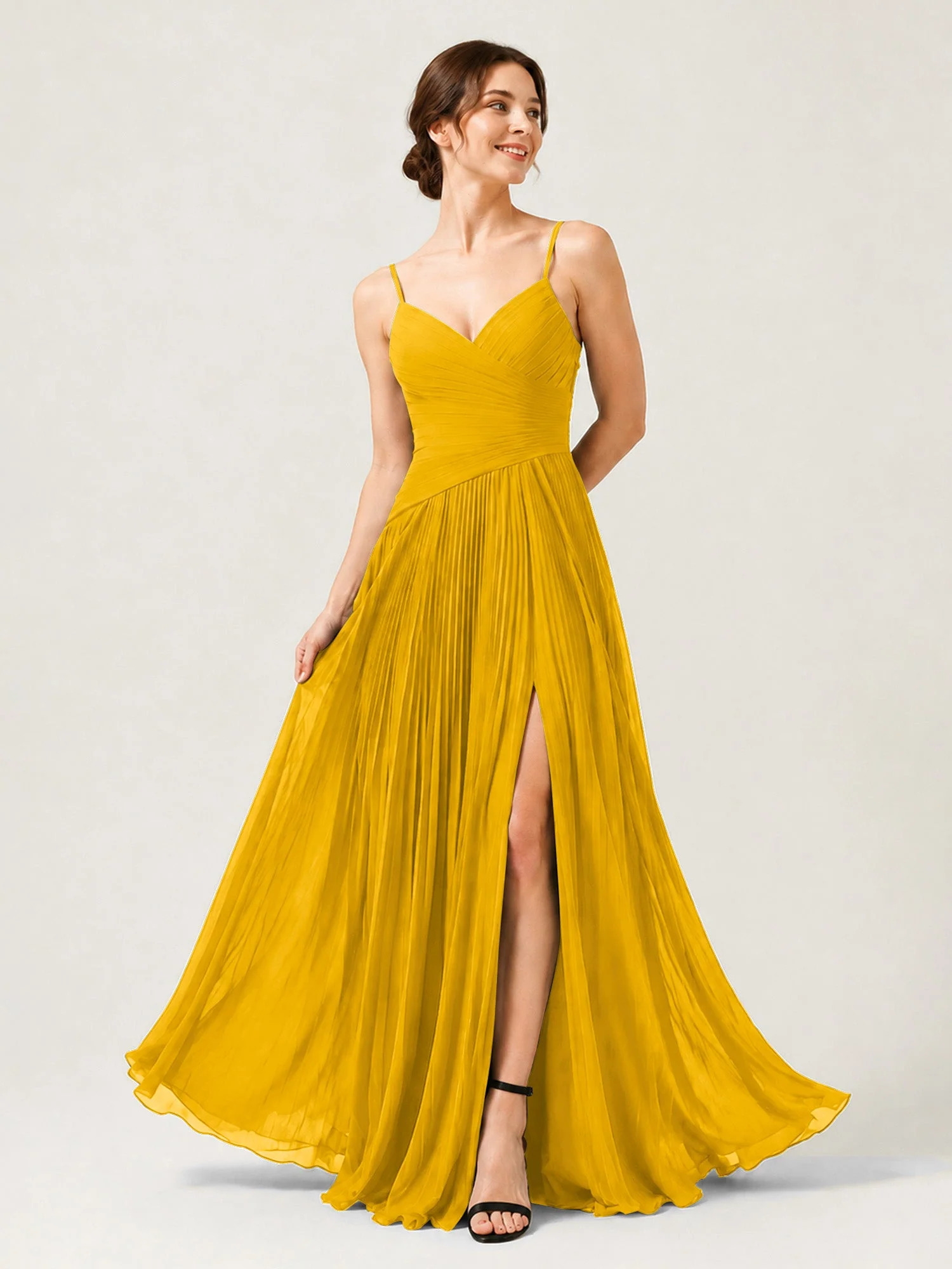 Plissiertes Chiffon Trägerkleid mit Gerafftem Wickeloberteil Ringelblume