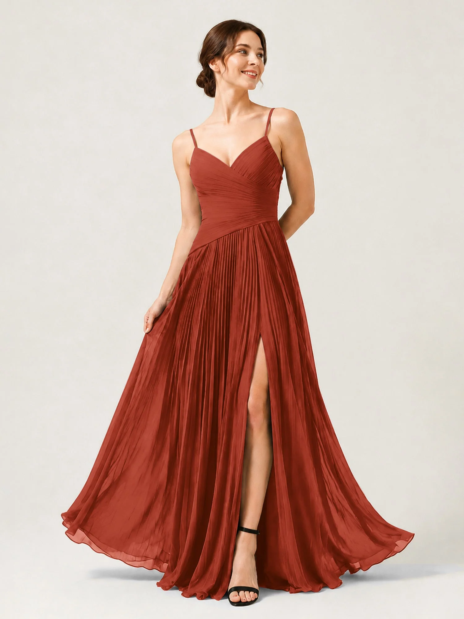 Plissiertes Chiffon Trägerkleid mit Gerafftem Wickeloberteil Rost