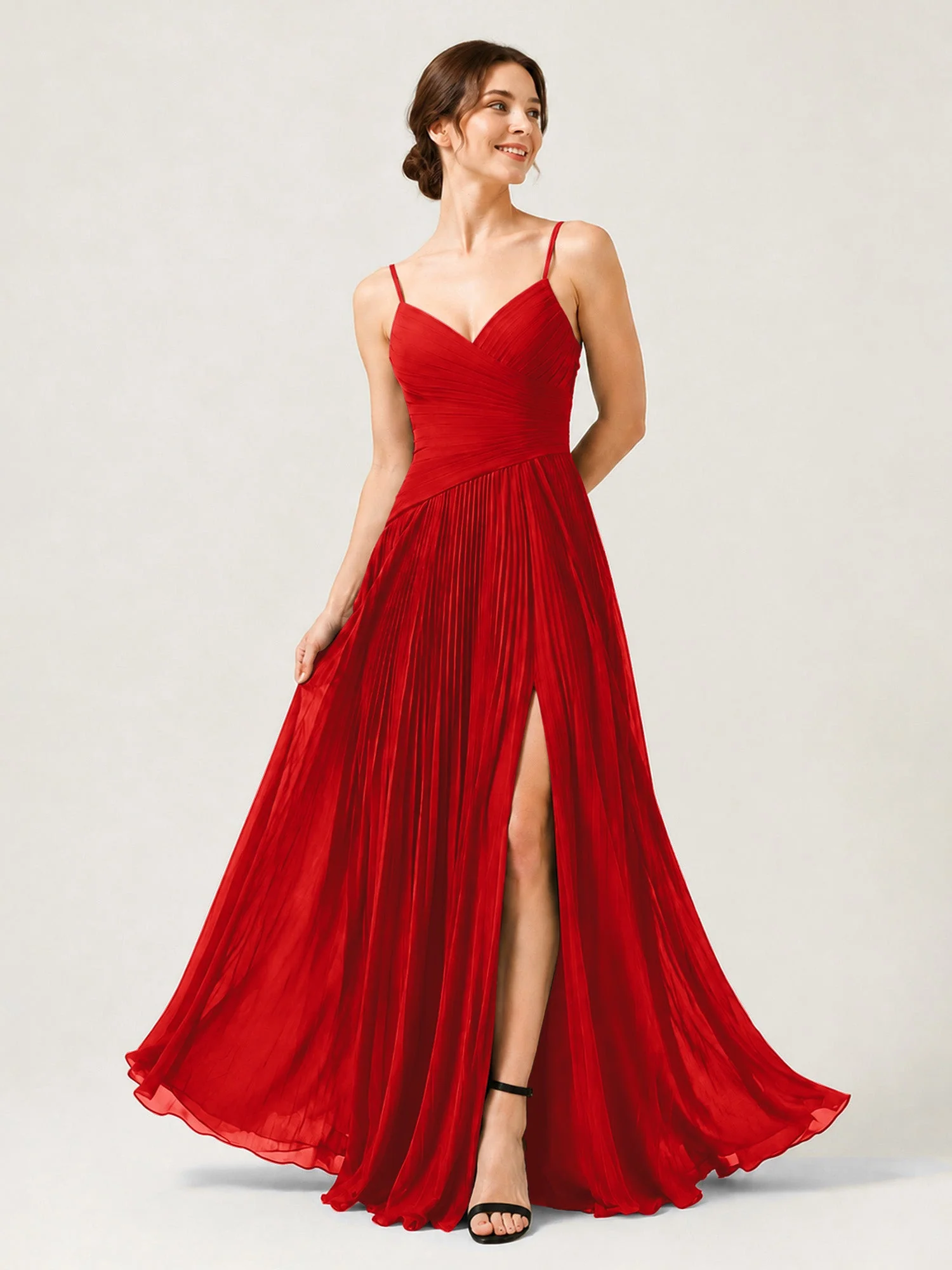 Plissiertes Chiffon Trägerkleid mit Gerafftem Wickeloberteil Rot