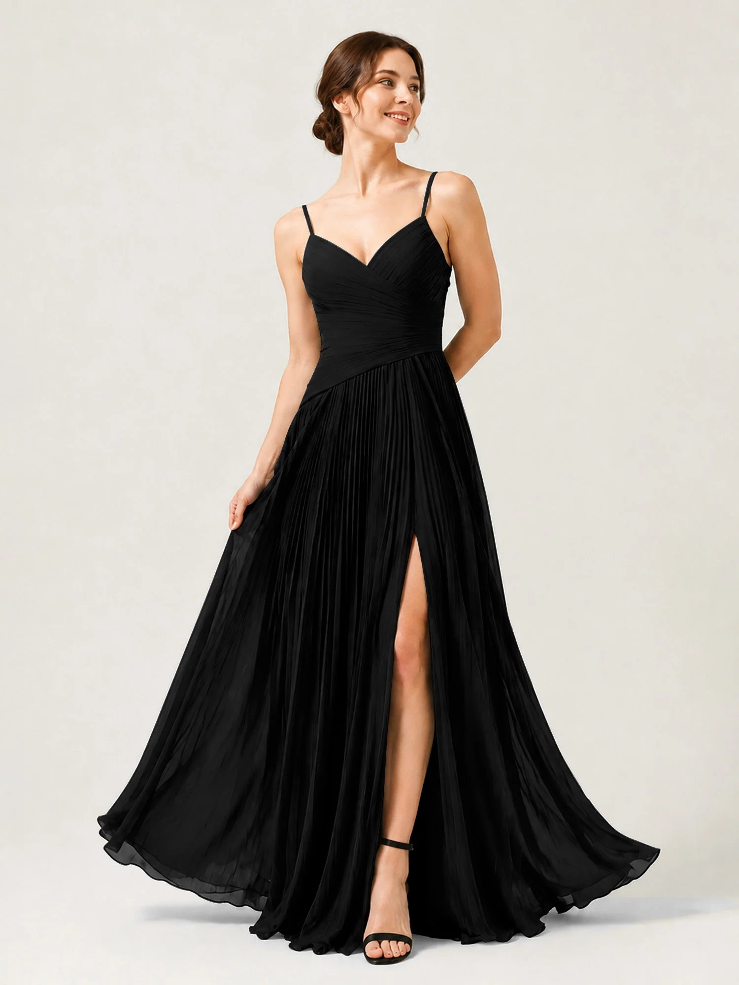 Plissiertes Chiffon Trägerkleid mit Gerafftem Wickeloberteil Schwarz