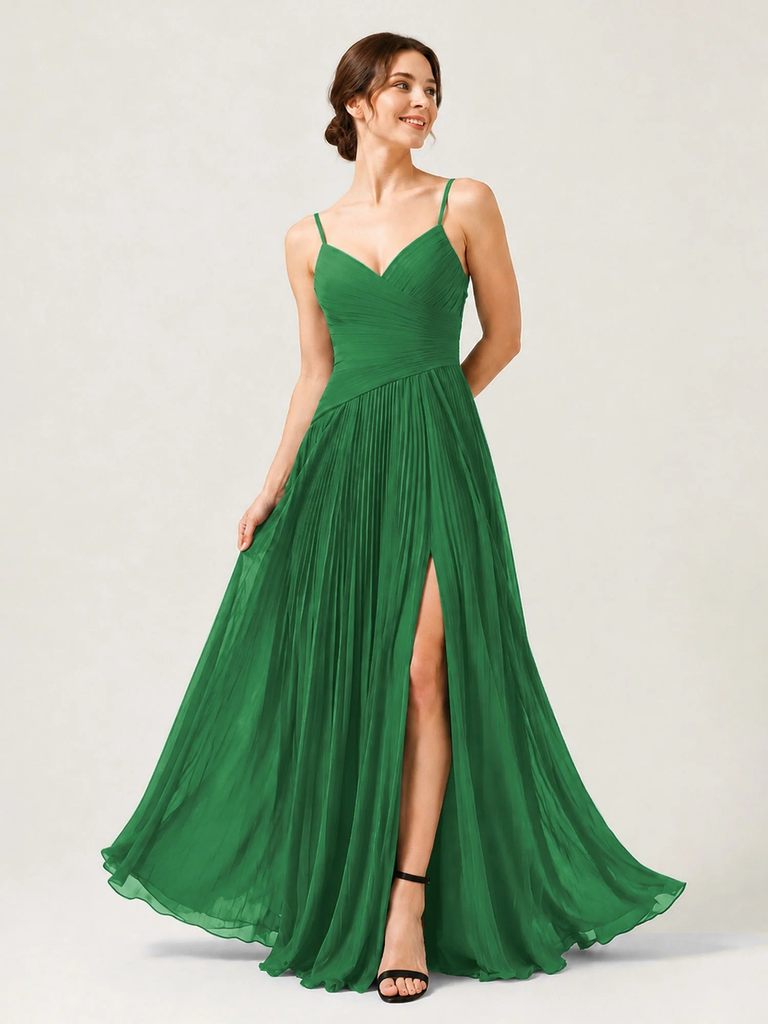 Plissiertes Chiffon Trägerkleid mit Gerafftem Wickeloberteil Smaragd