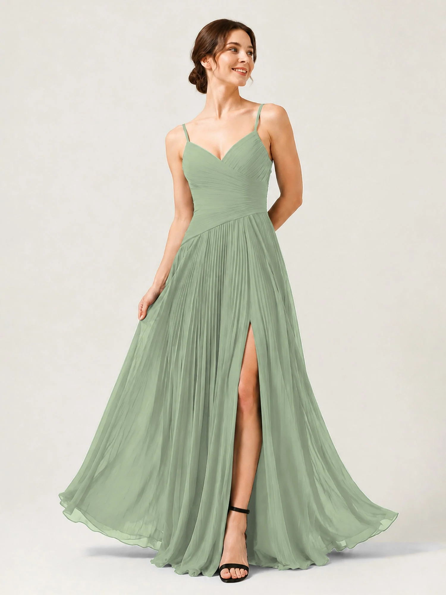 Plissiertes Chiffon Trägerkleid mit Gerafftem Wickeloberteil Staubiges Salbei