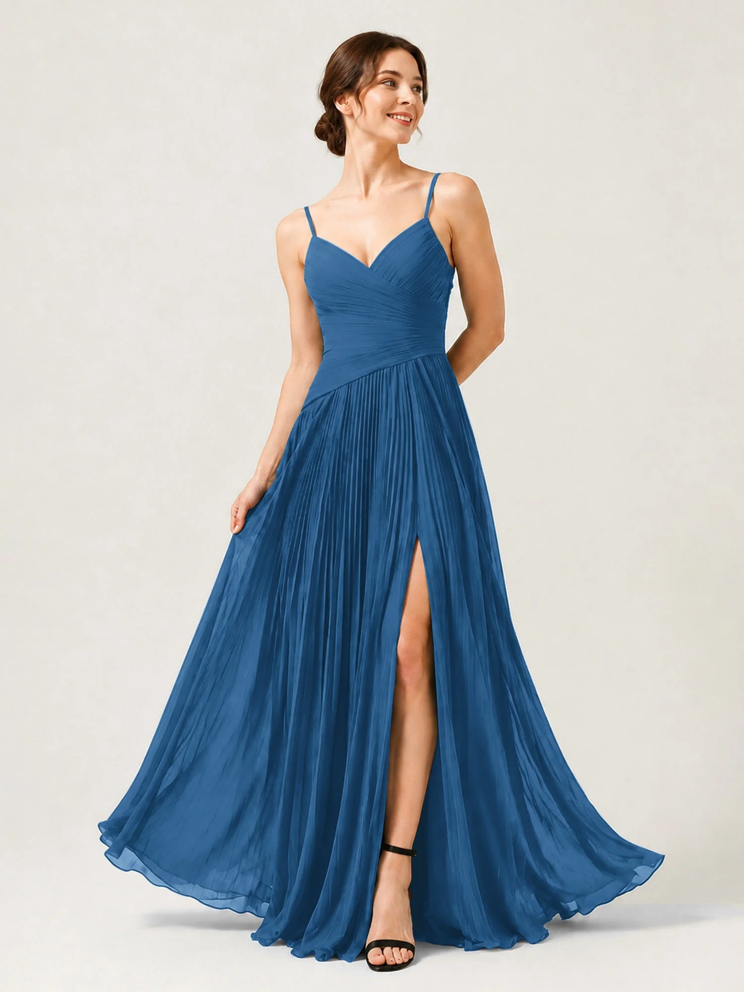 Plissiertes Chiffon Trägerkleid mit Gerafftem Wickeloberteil Tinte Blau
