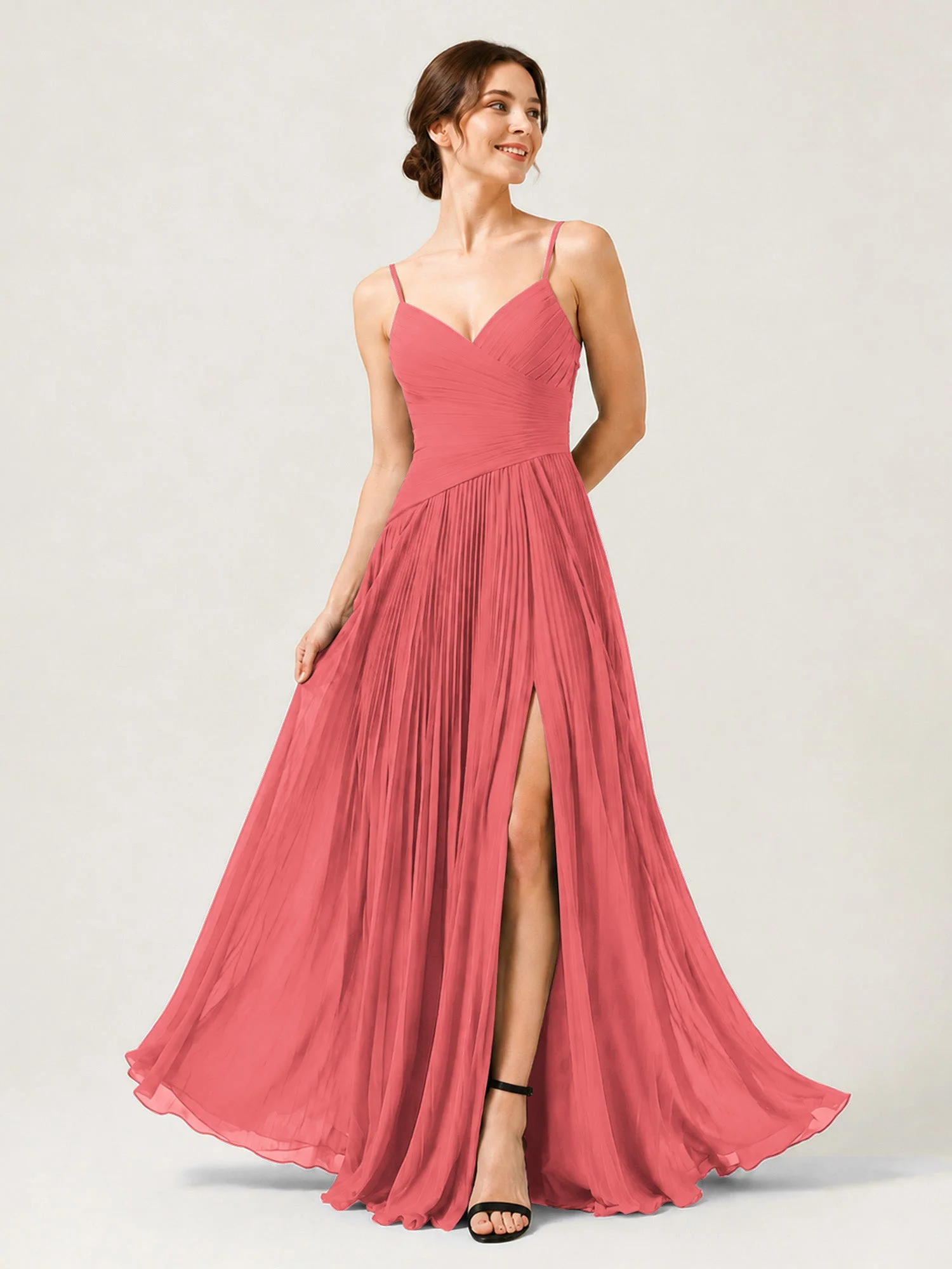 Plissiertes Chiffon Trägerkleid mit Gerafftem Wickeloberteil Wassermelone