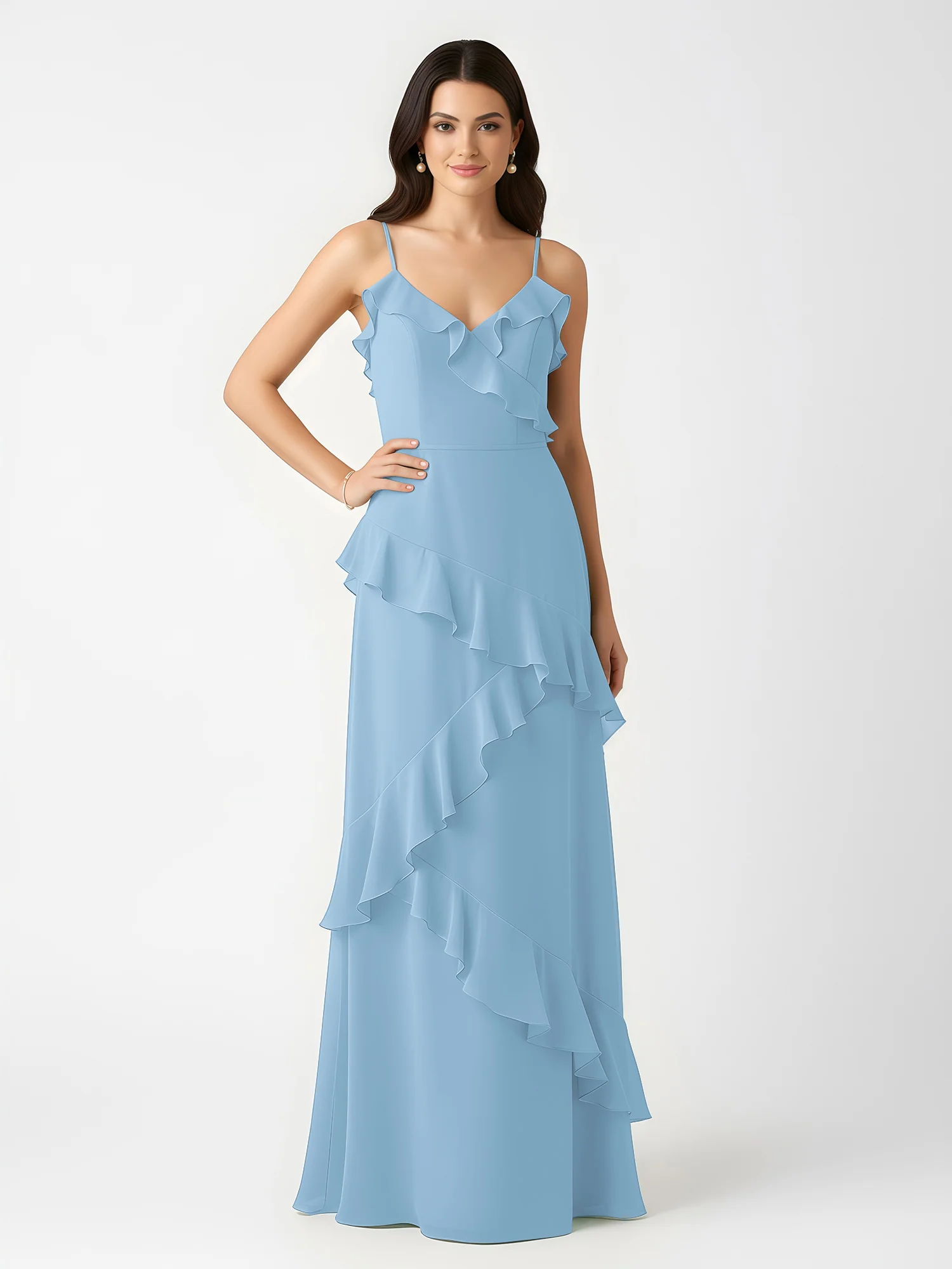 A-Linie Chiffon Rüschen Bodenlang V-Ausschnitt Kleid Blau - Image 3