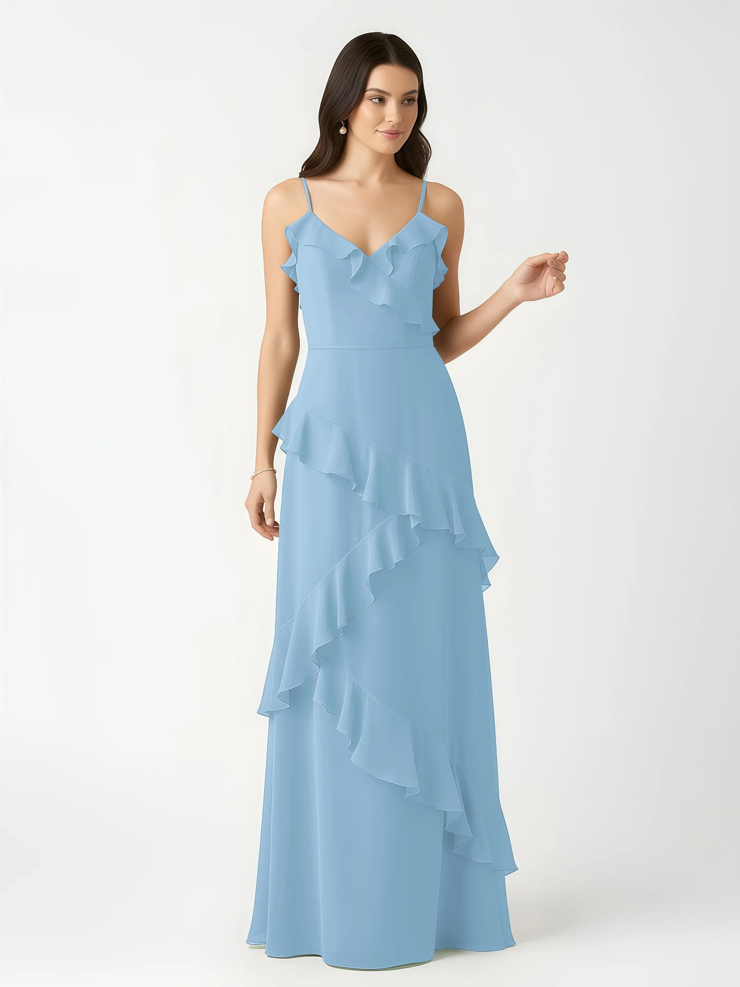 A-Linie Chiffon Rüschen Bodenlang V-Ausschnitt Kleid Blau - Image 4