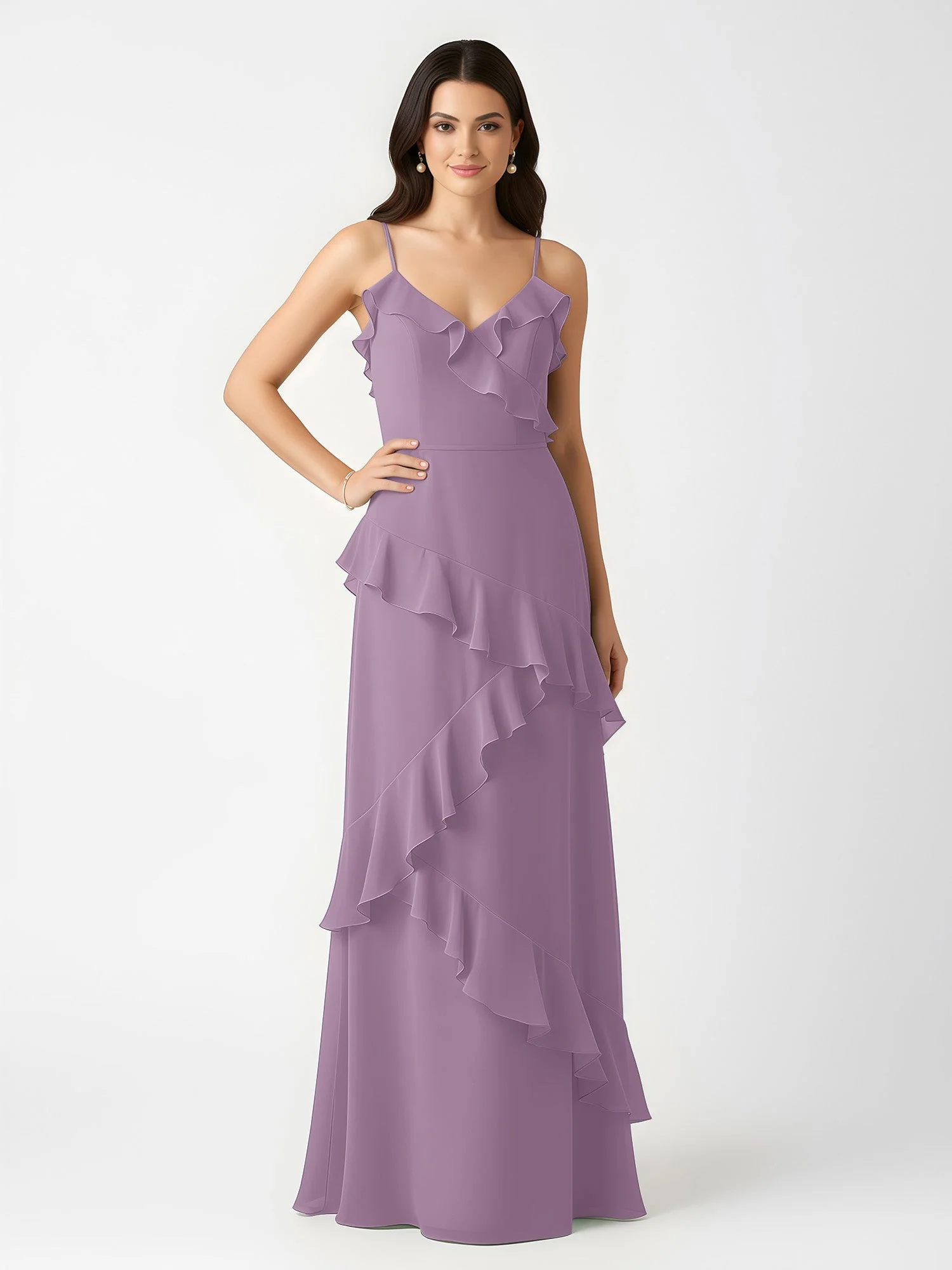 A-Linie Chiffon Rüschen Bodenlang V-Ausschnitt Kleid Blauregen - Image 3
