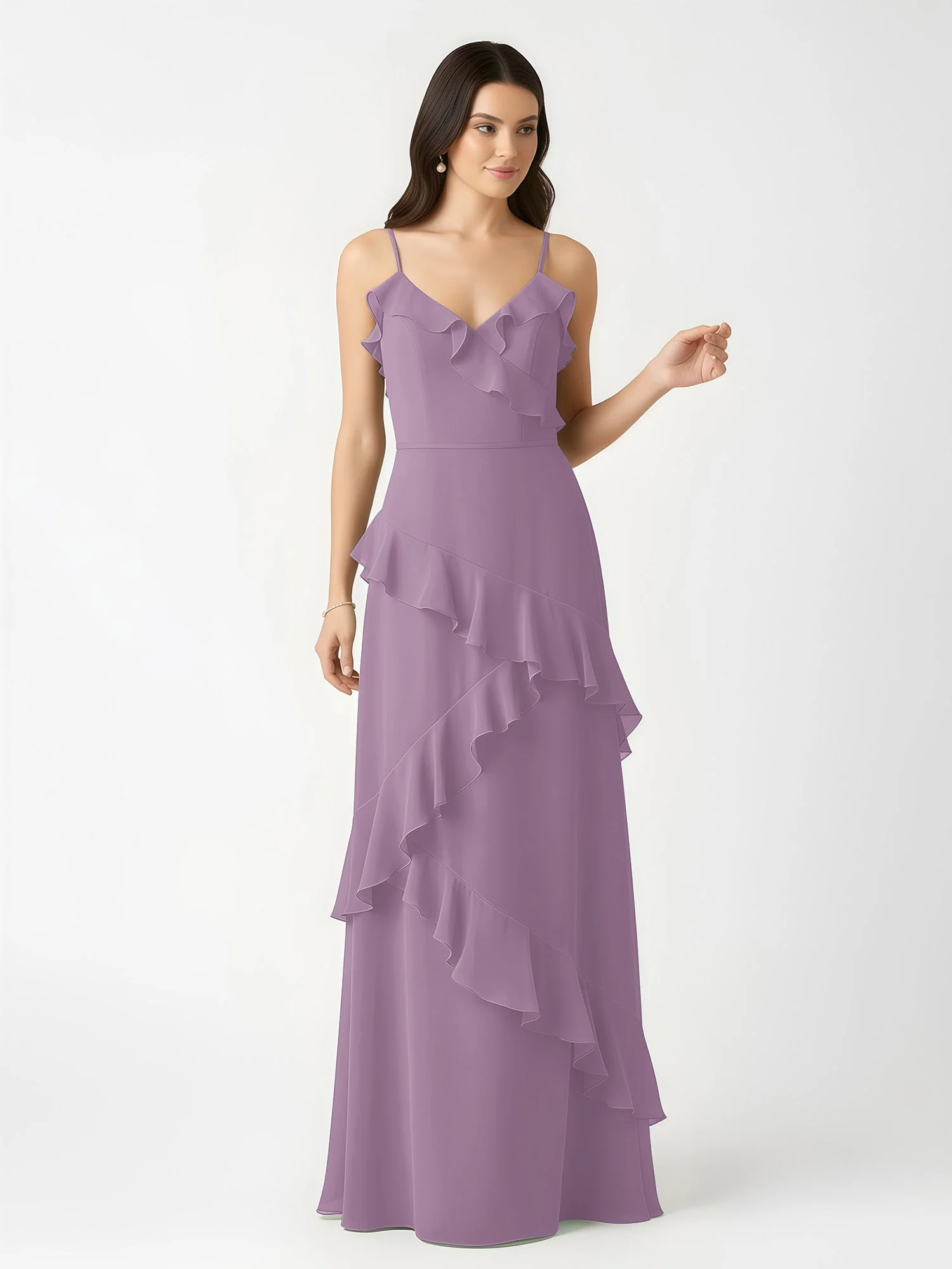 A-Linie Chiffon Rüschen Bodenlang V-Ausschnitt Kleid Blauregen - Image 4