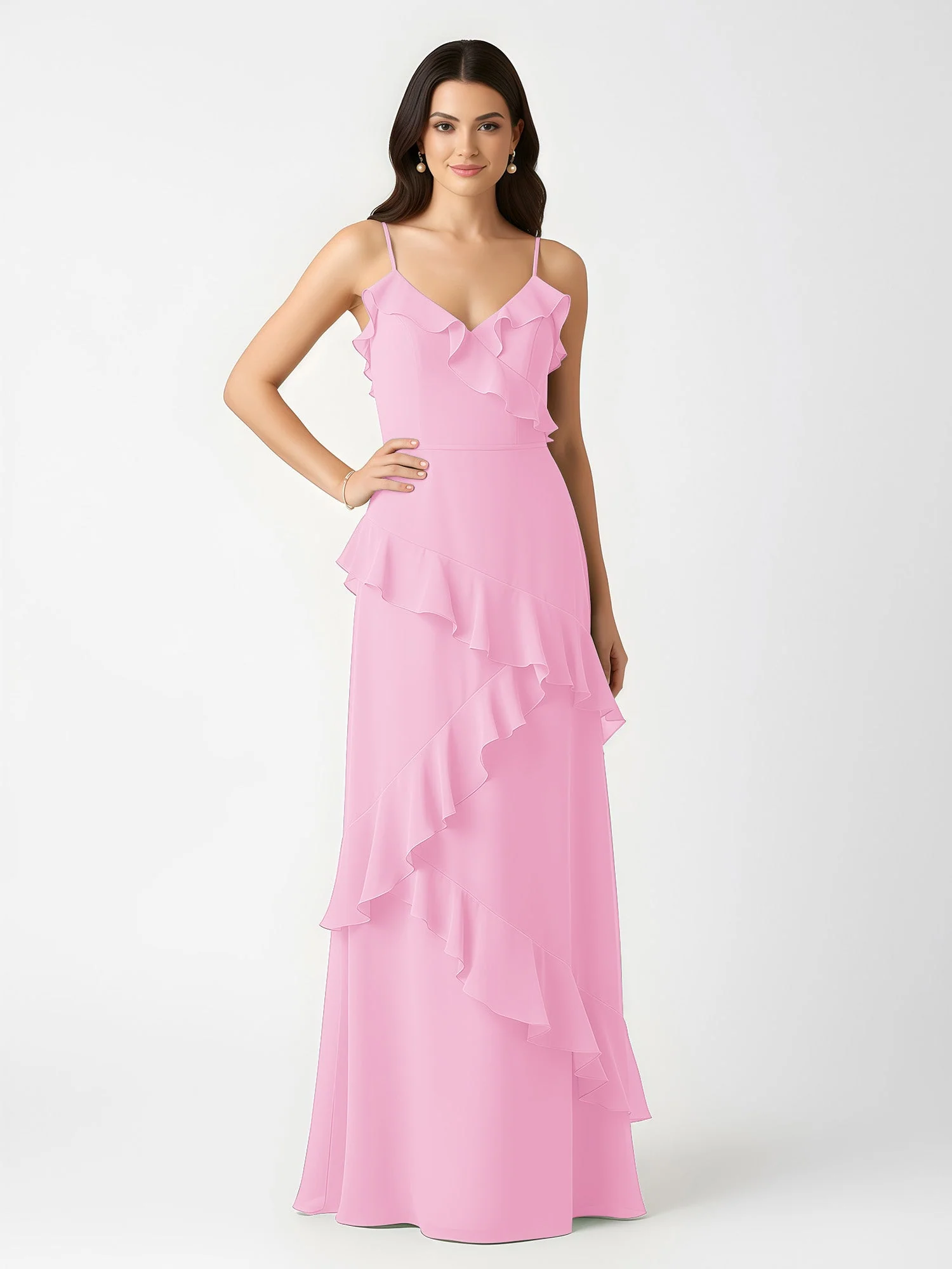 A-Linie Chiffon Rüschen Bodenlang V-Ausschnitt Kleid Bonbonrosa - Image 3
