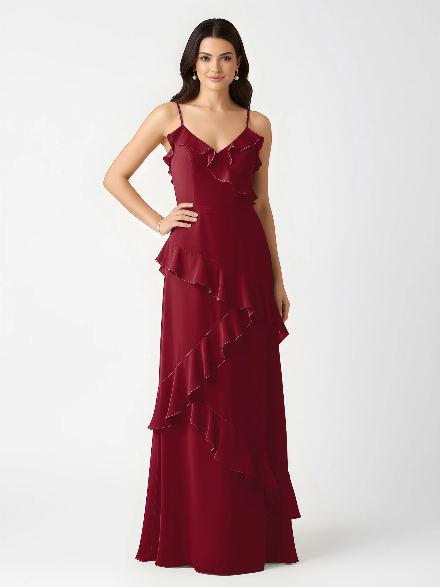 A-Linie Chiffon Rüschen Bodenlang V-Ausschnitt Kleid Burgunderrot - Image 3