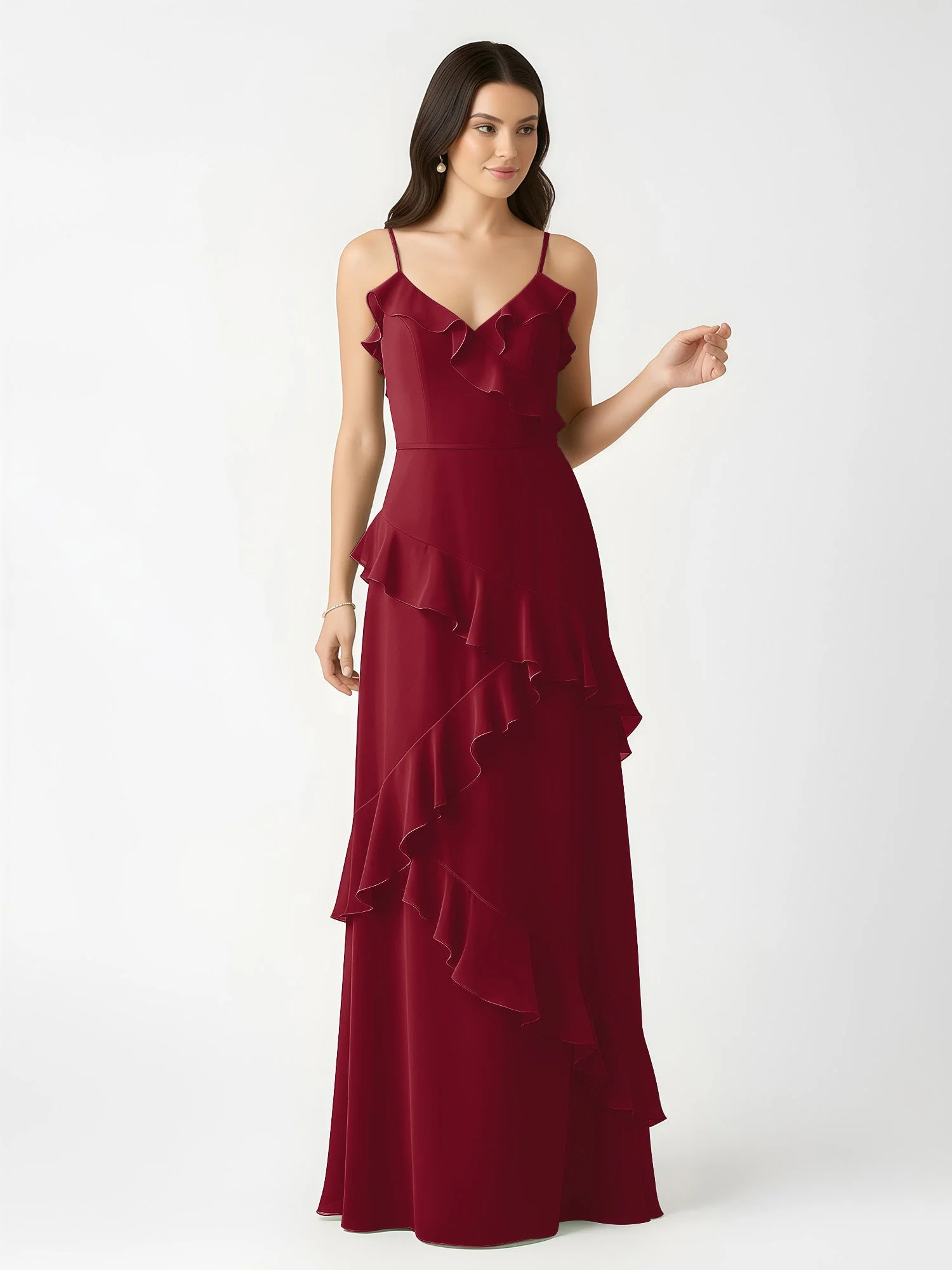 A-Linie Chiffon Rüschen Bodenlang V-Ausschnitt Kleid Burgunderrot - Image 4