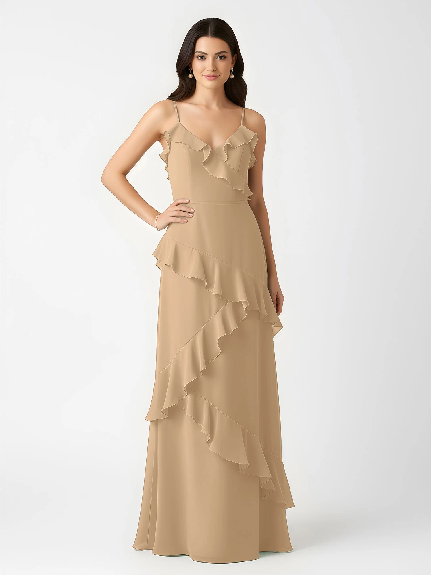 A-Linie Chiffon Rüschen Bodenlang V-Ausschnitt Kleid Champagner - Image 3