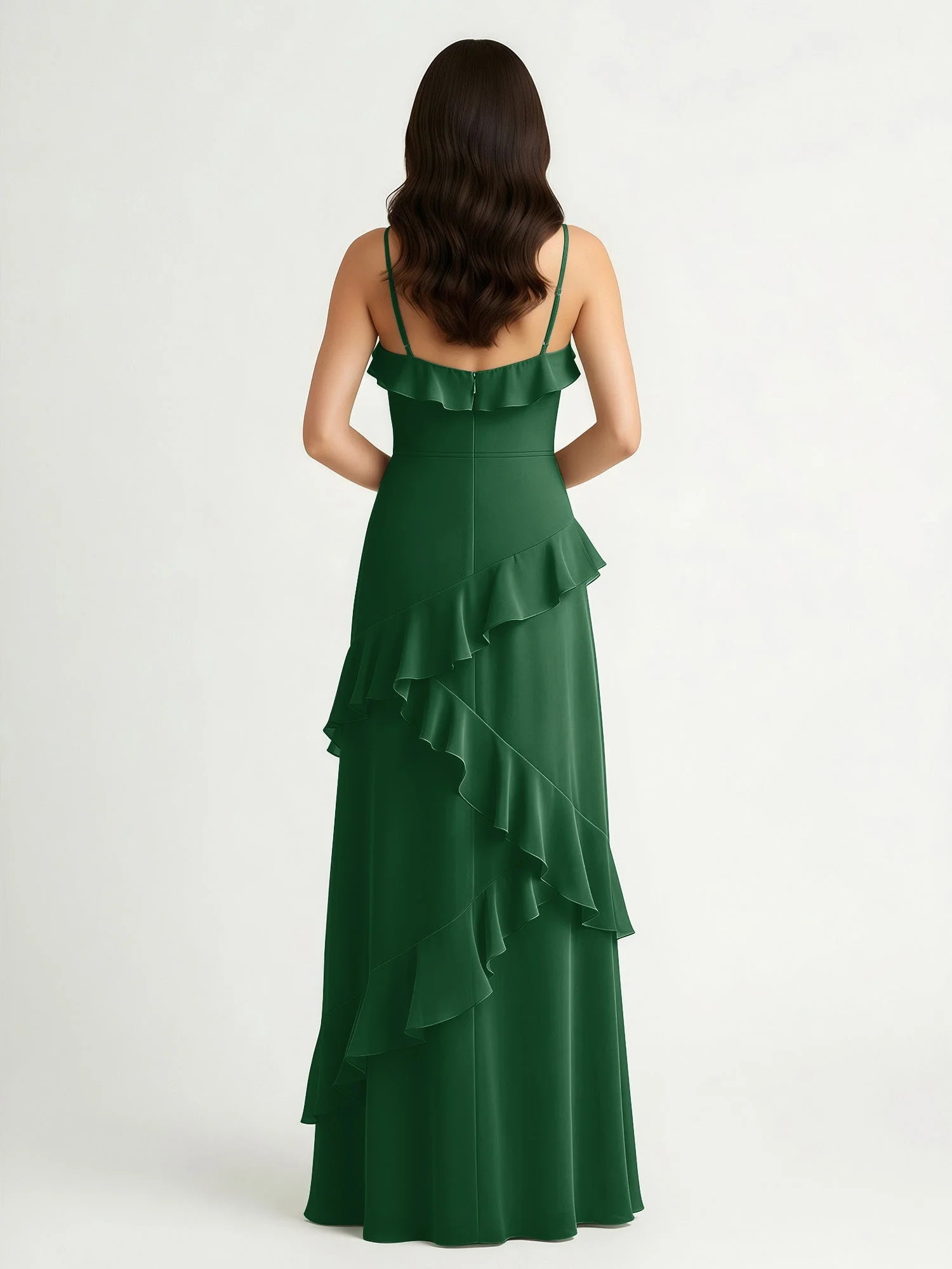 A-Linie Chiffon Rüschen Bodenlang V-Ausschnitt Kleid Dunkelgrün - Image 2