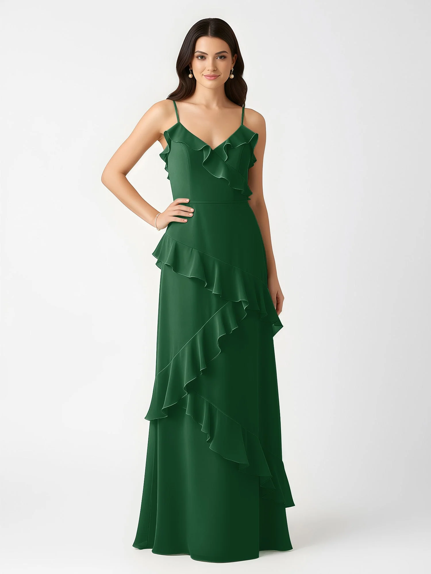 A-Linie Chiffon Rüschen Bodenlang V-Ausschnitt Kleid Dunkelgrün - Image 3