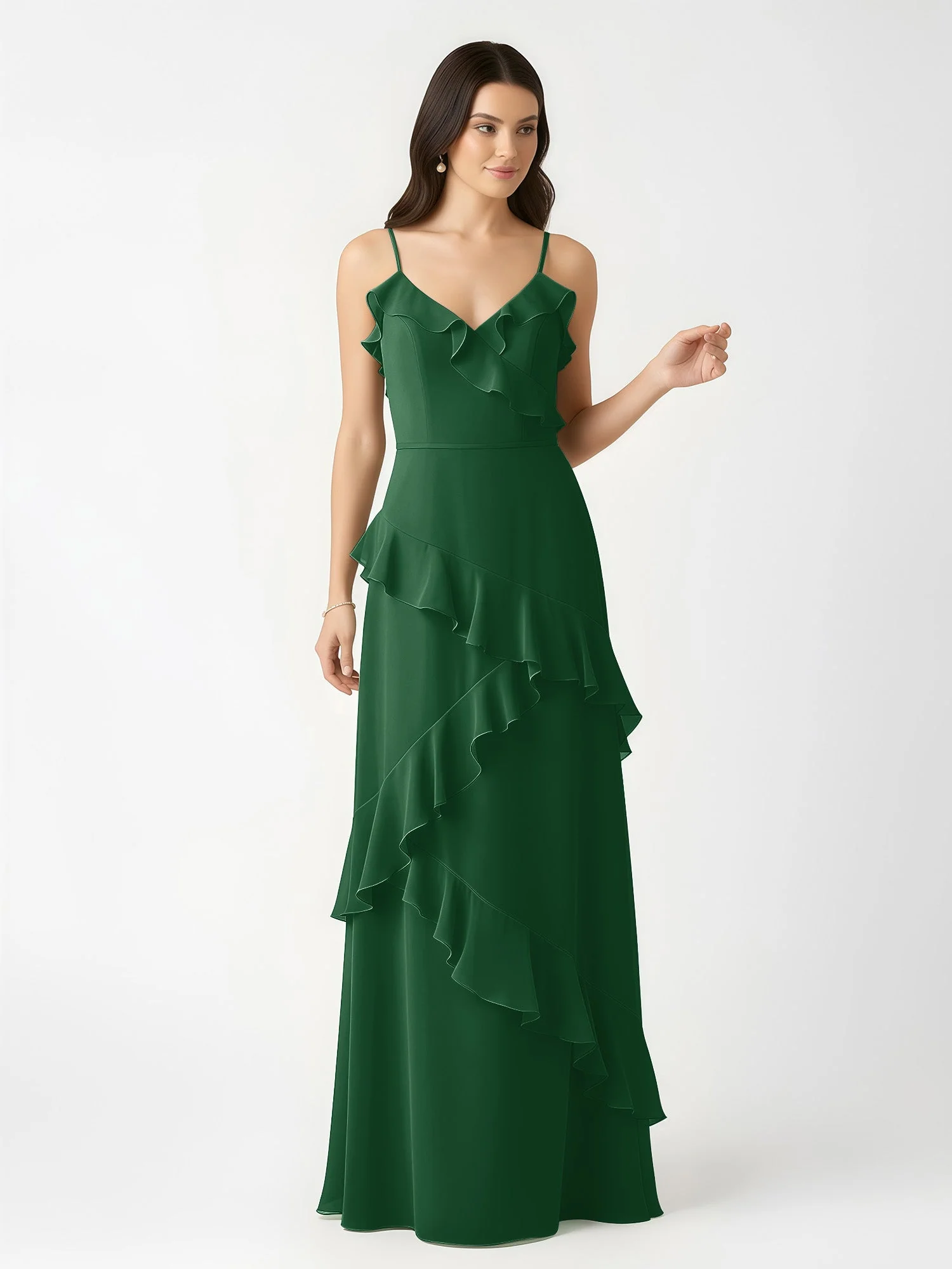 A-Linie Chiffon Rüschen Bodenlang V-Ausschnitt Kleid Dunkelgrün - Image 4