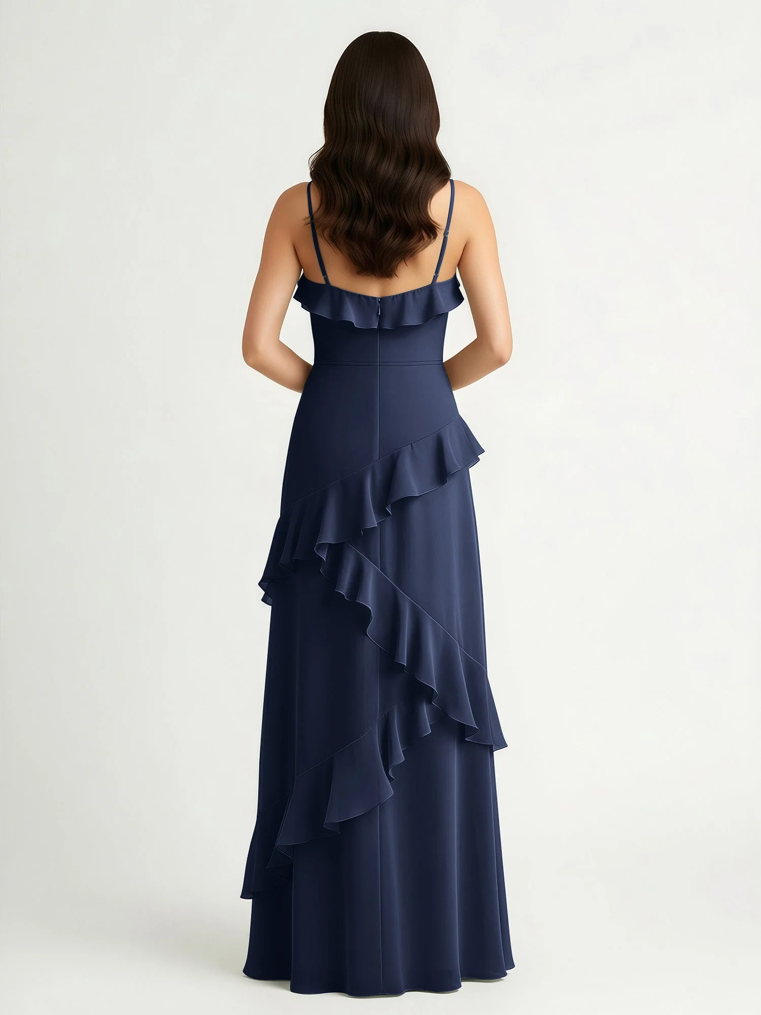 A-Linie Chiffon Rüschen Bodenlang V-Ausschnitt Kleid Dunkelmarine - Image 2