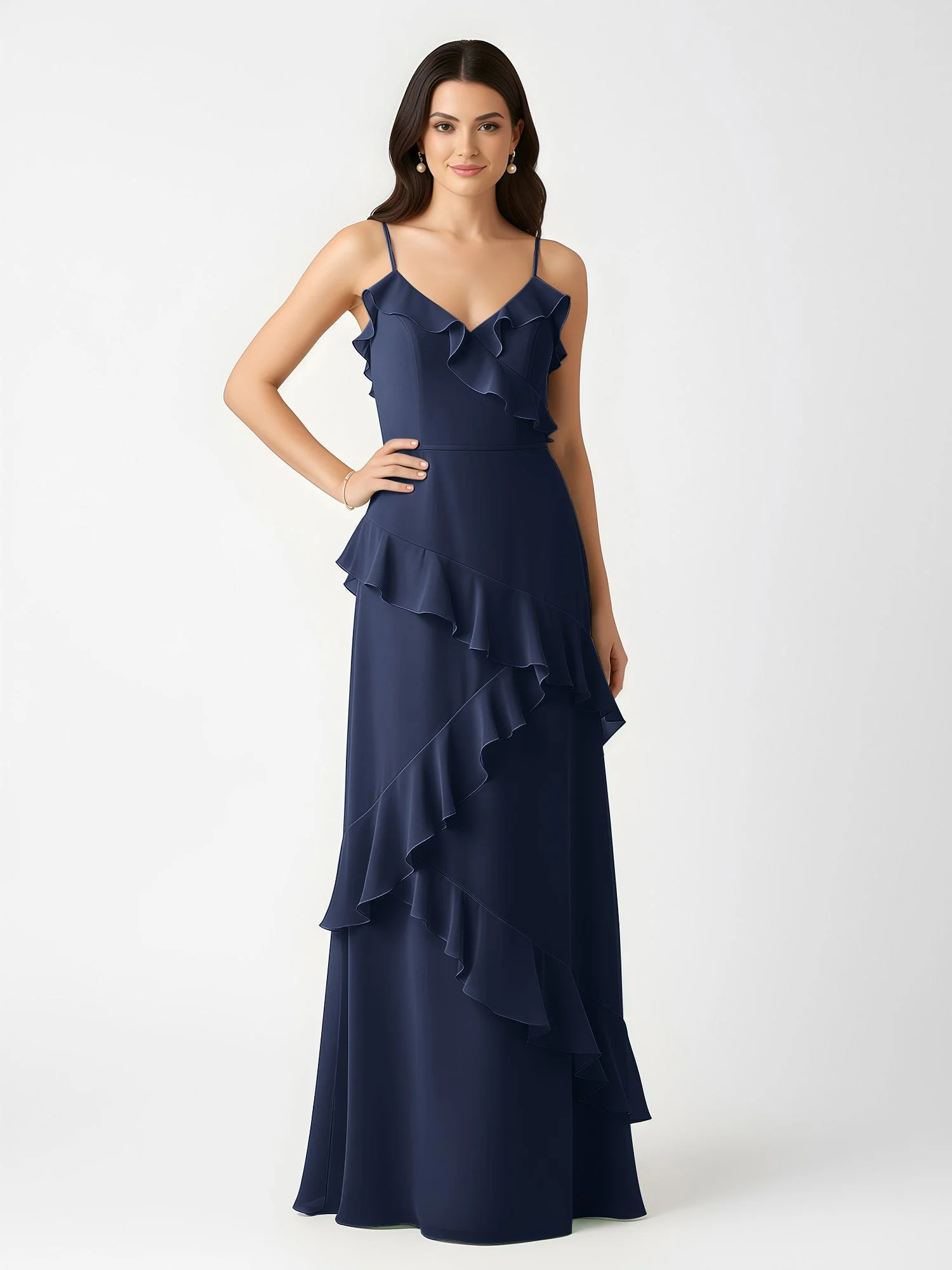 A-Linie Chiffon Rüschen Bodenlang V-Ausschnitt Kleid Dunkelmarine - Image 3