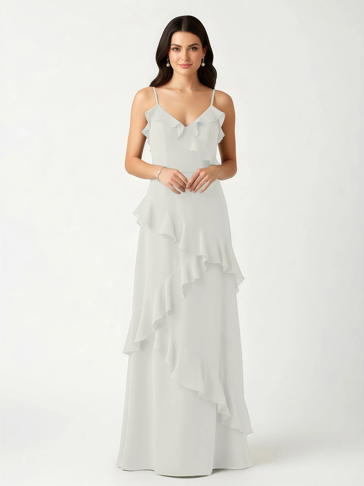 A-Linie Chiffon Rüschen Bodenlang V-Ausschnitt Kleid Elfenbein