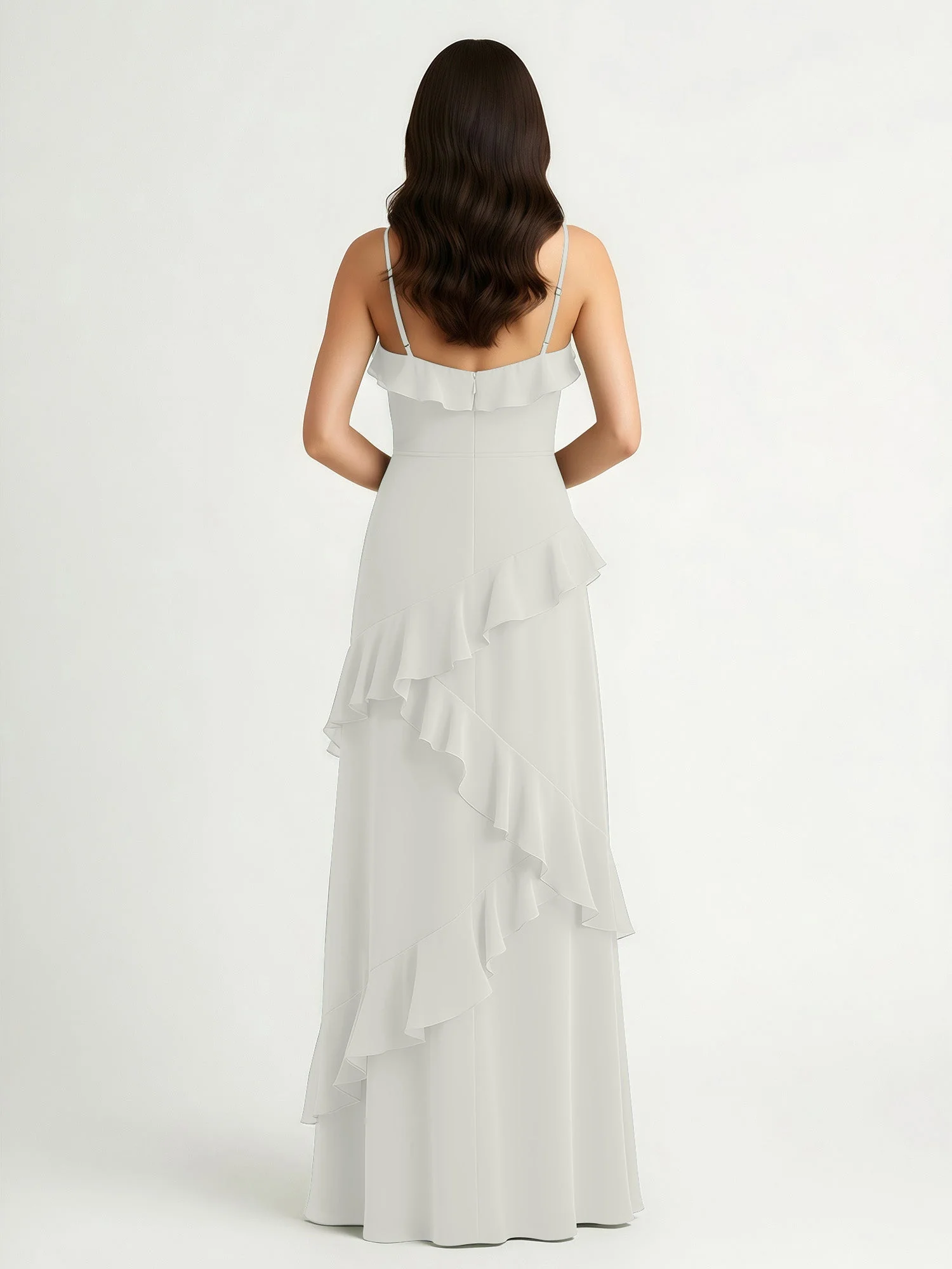 A-Linie Chiffon Rüschen Bodenlang V-Ausschnitt Kleid Elfenbein - Image 2
