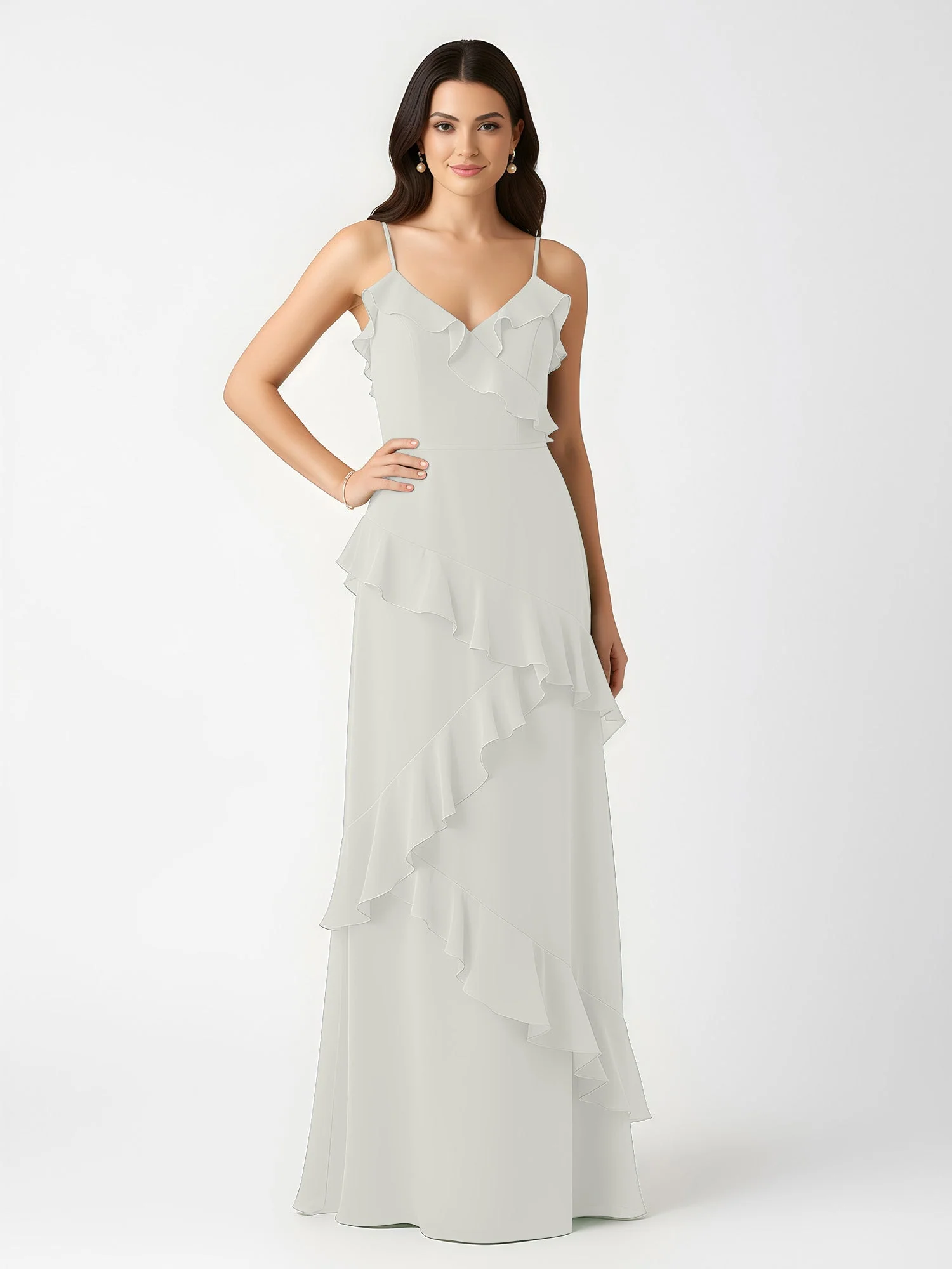 A-Linie Chiffon Rüschen Bodenlang V-Ausschnitt Kleid Elfenbein - Image 3